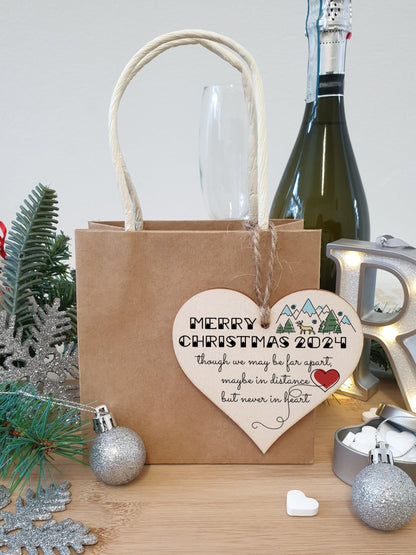 Handmade Wooden Hanging Heart Plaque Christmas Tree Bauble Though We May Be Far Apart 2024 Card Alternative Long Distance Family Friends