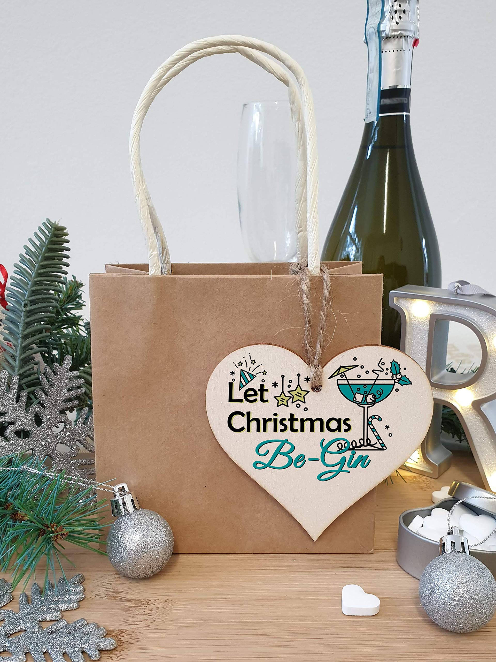 The Plum Penguin Handmade Wooden Christmas Hanging Heart Plaque Gift Let Christmas Be-Gin funny novelty gin lovers alcohol joke xmas present