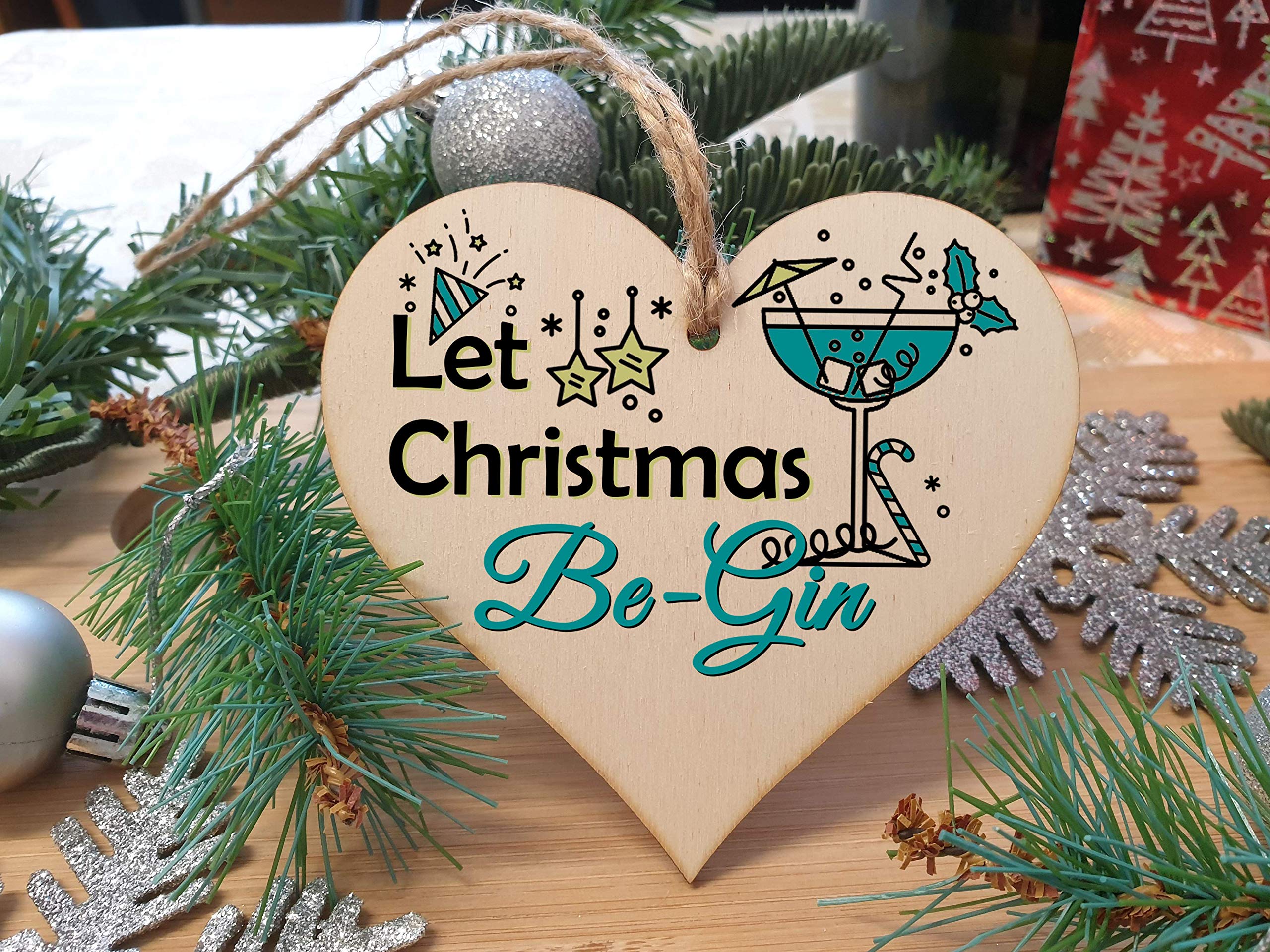 The Plum Penguin Handmade Wooden Christmas Hanging Heart Plaque Gift Let Christmas Be-Gin funny novelty gin lovers alcohol joke xmas present