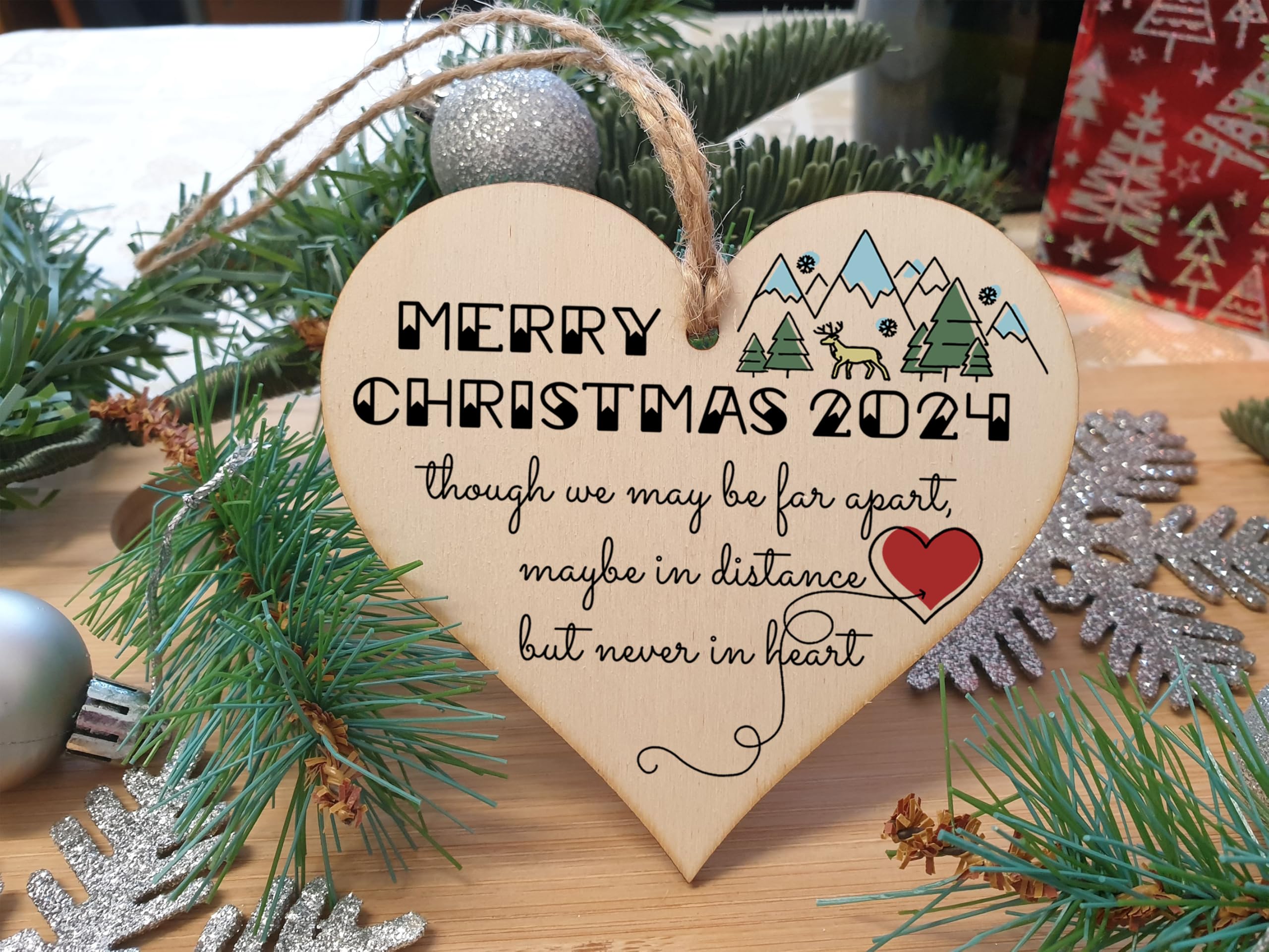 Handmade Wooden Hanging Heart Plaque Christmas Tree Bauble Though We May Be Far Apart 2024 Card Alternative Long Distance Family Friends