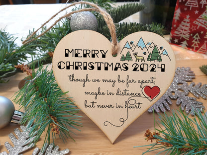 Handmade Wooden Hanging Heart Plaque Christmas Tree Bauble Though We May Be Far Apart 2024 Card Alternative Long Distance Family Friends