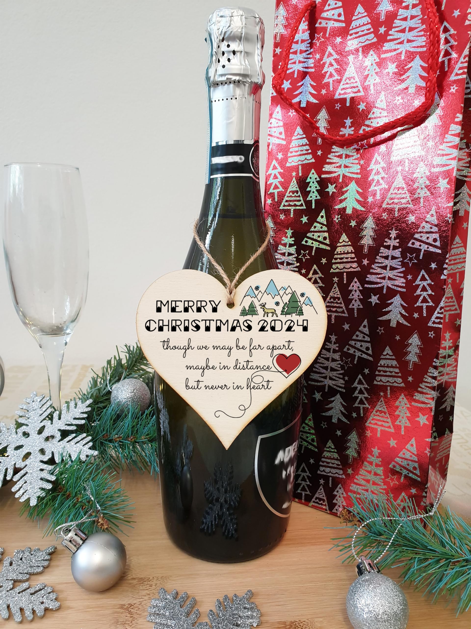 Handmade Wooden Hanging Heart Plaque Christmas Tree Bauble Though We May Be Far Apart 2024 Card Alternative Long Distance Family Friends