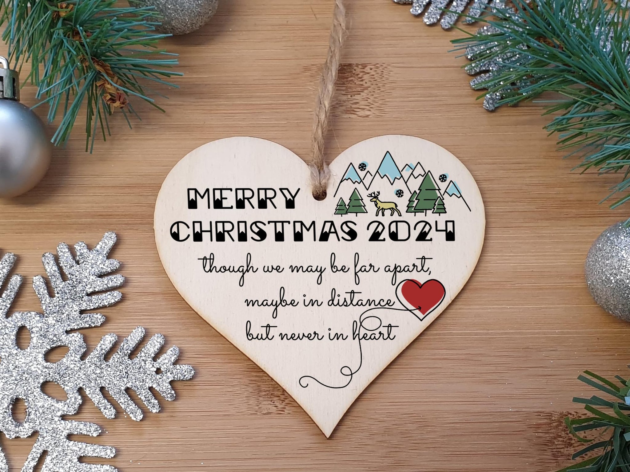 Handmade Wooden Hanging Heart Plaque Christmas Tree Bauble Though We May Be Far Apart 2024 Card Alternative Long Distance Family Friends