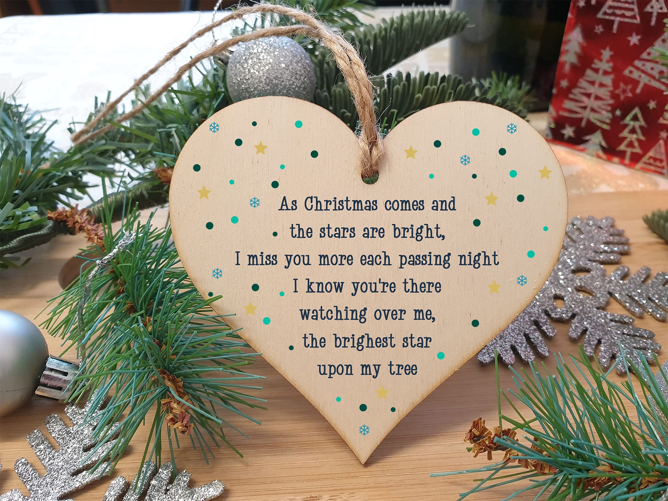 The Plum Penguin Handmade Wooden Hanging Heart Plaque Gift Christmas Comes Miss You Brightest Star Bereavement In Memory Keepsake Wall Hanger