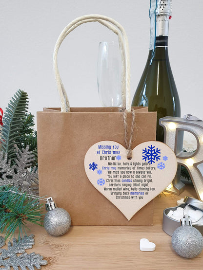 The Plum Penguin Handmade Wooden Christmas Hanging Heart Plaque Gift Missing you at Xmas Brother sentimental rememberance present tree decoration snowflake lost loved ones