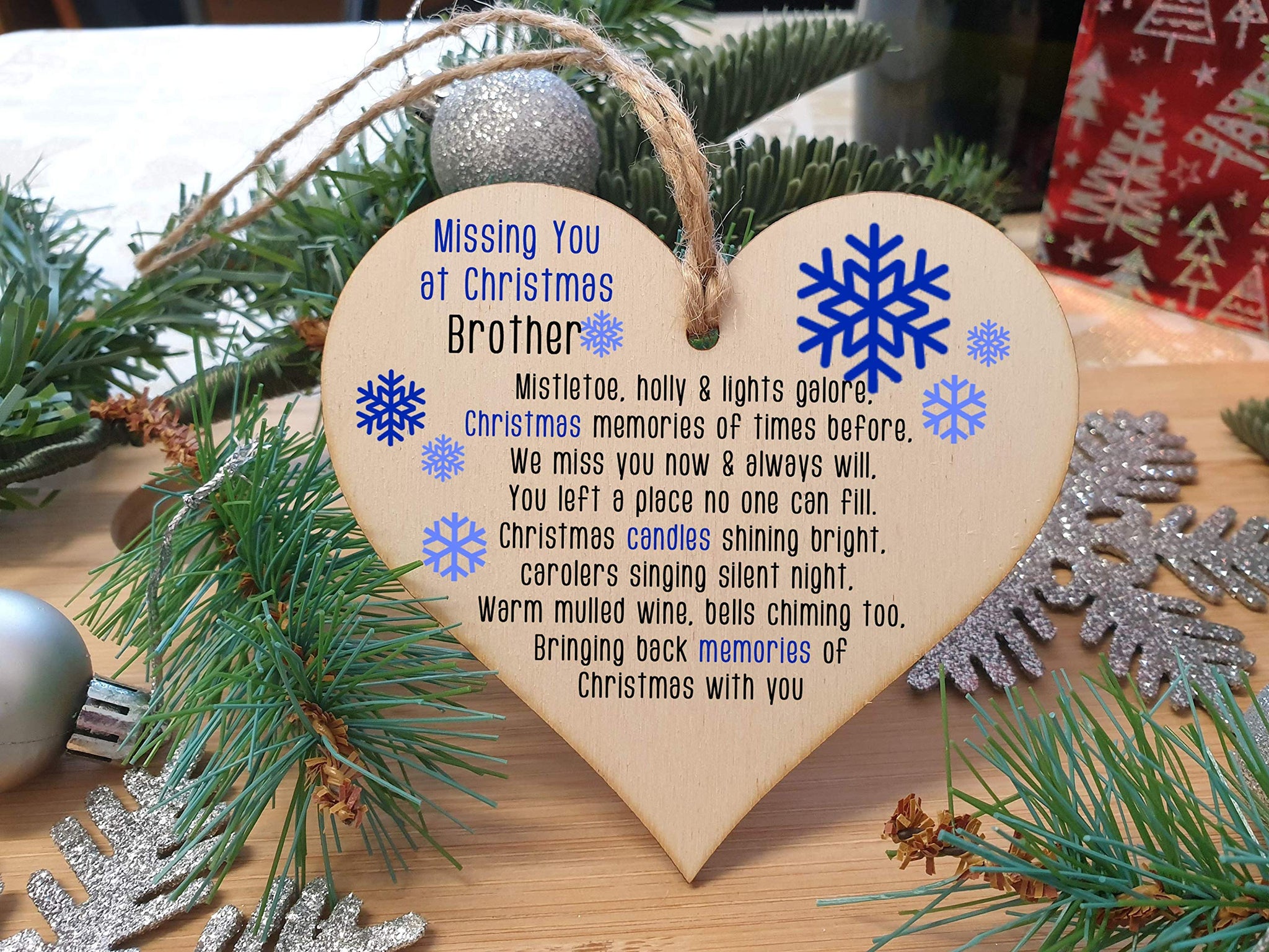The Plum Penguin Handmade Wooden Christmas Hanging Heart Plaque Gift Missing you at Xmas Brother sentimental rememberance present tree decoration snowflake lost loved ones