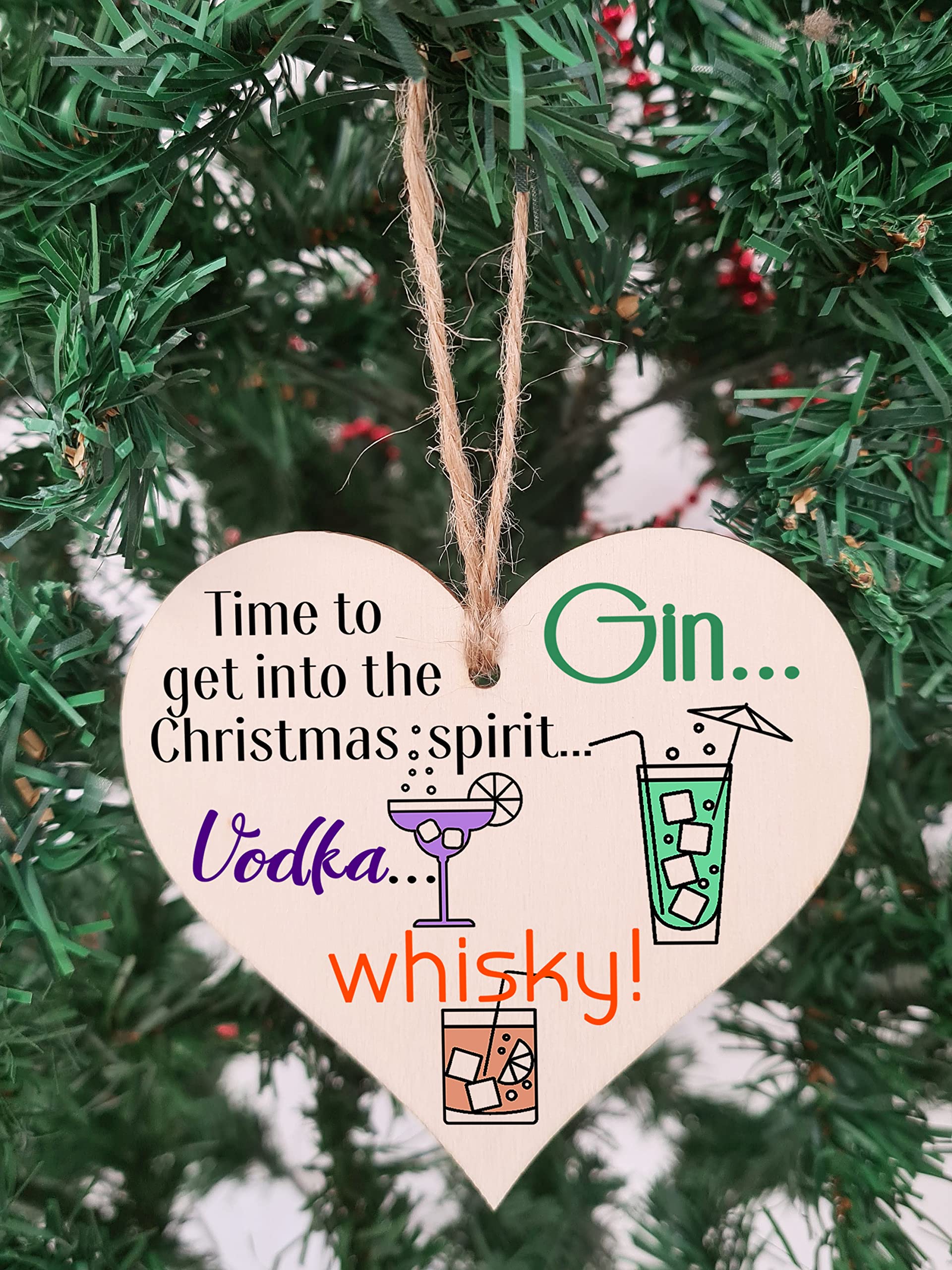 Handmade Christmas Hanging Wooden Heart Plaque Decoration Gift Christmas Spirit perfect for gin vodka whisky lovers novelty boozy xmas festive bauble