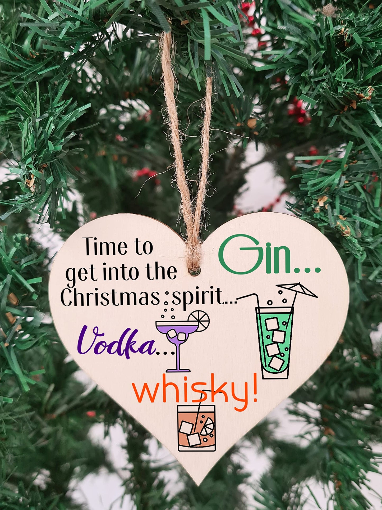 Handmade Christmas Hanging Wooden Heart Plaque Decoration Gift Christmas Spirit perfect for gin vodka whisky lovers novelty boozy xmas festive bauble