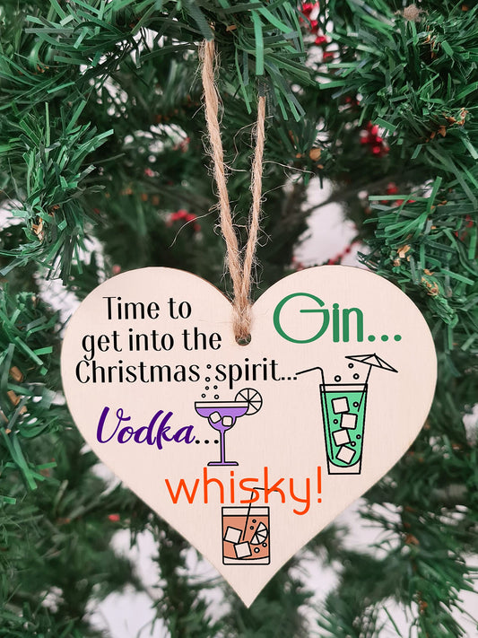 Handmade Christmas Hanging Wooden Heart Plaque Decoration Gift Christmas Spirit perfect for gin vodka whisky lovers novelty boozy xmas festive bauble