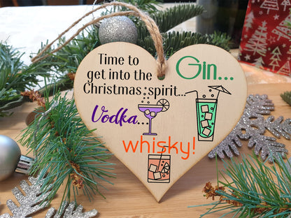 Handmade Christmas Hanging Wooden Heart Plaque Decoration Gift Christmas Spirit perfect for gin vodka whisky lovers novelty boozy xmas festive bauble