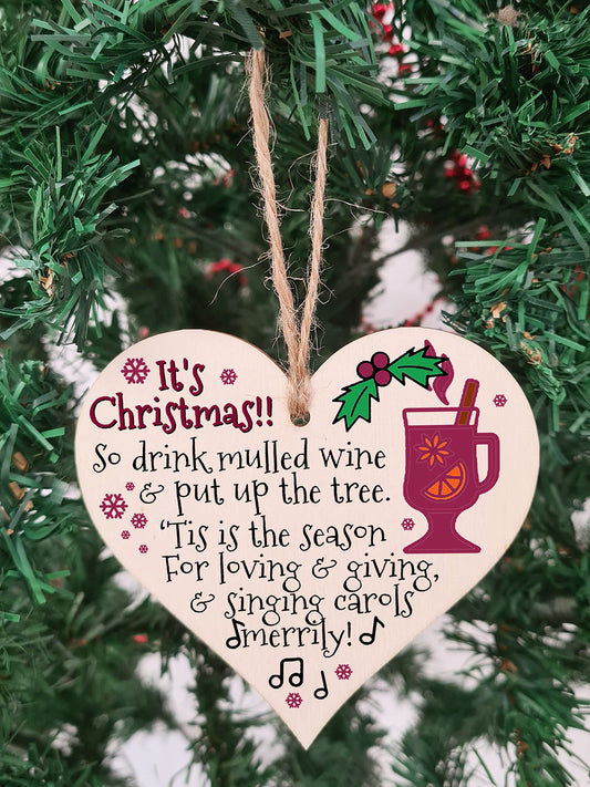 Handmade Christmas Hanging Wooden Heart Plaque Decoration Gift Christmas Mulled Wine Jolly Season Tag to wish someone special a merry xmas festive bauble
