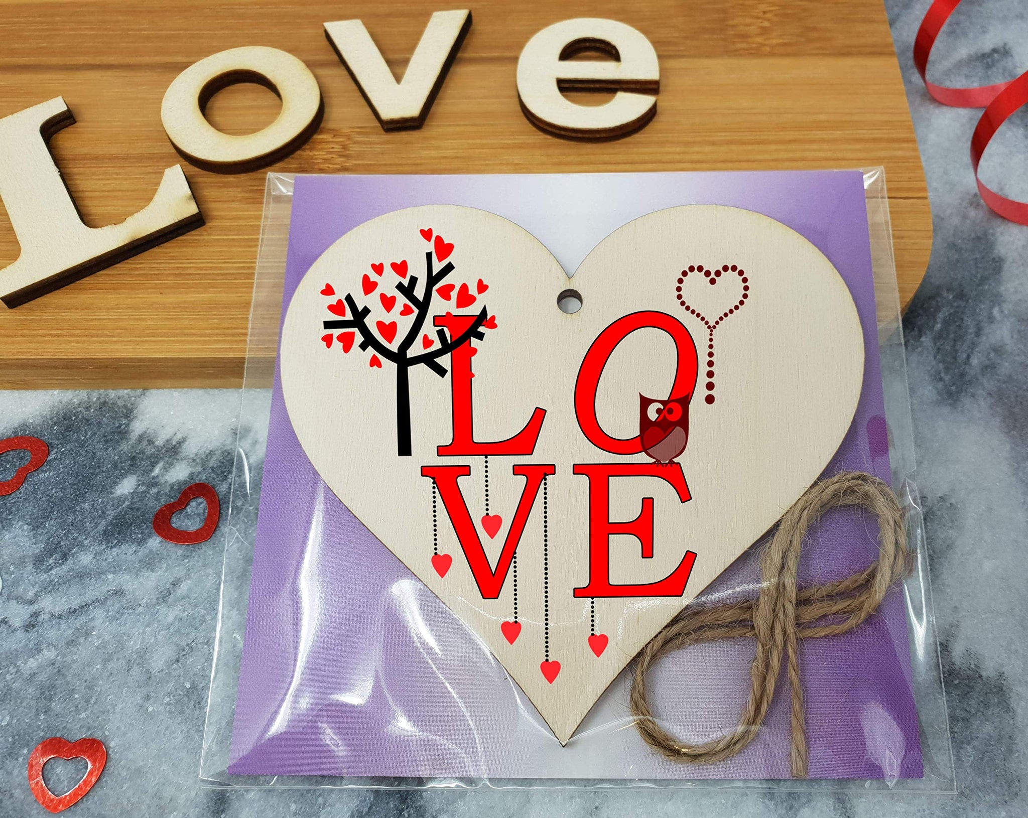 The Plum Penguin Handmade Wooden Hanging Heart Plaque Valentine's Gift L O V E simple red design cute owl gift for someone special boyfriend girlfriend husband wife funny romantic keepsake