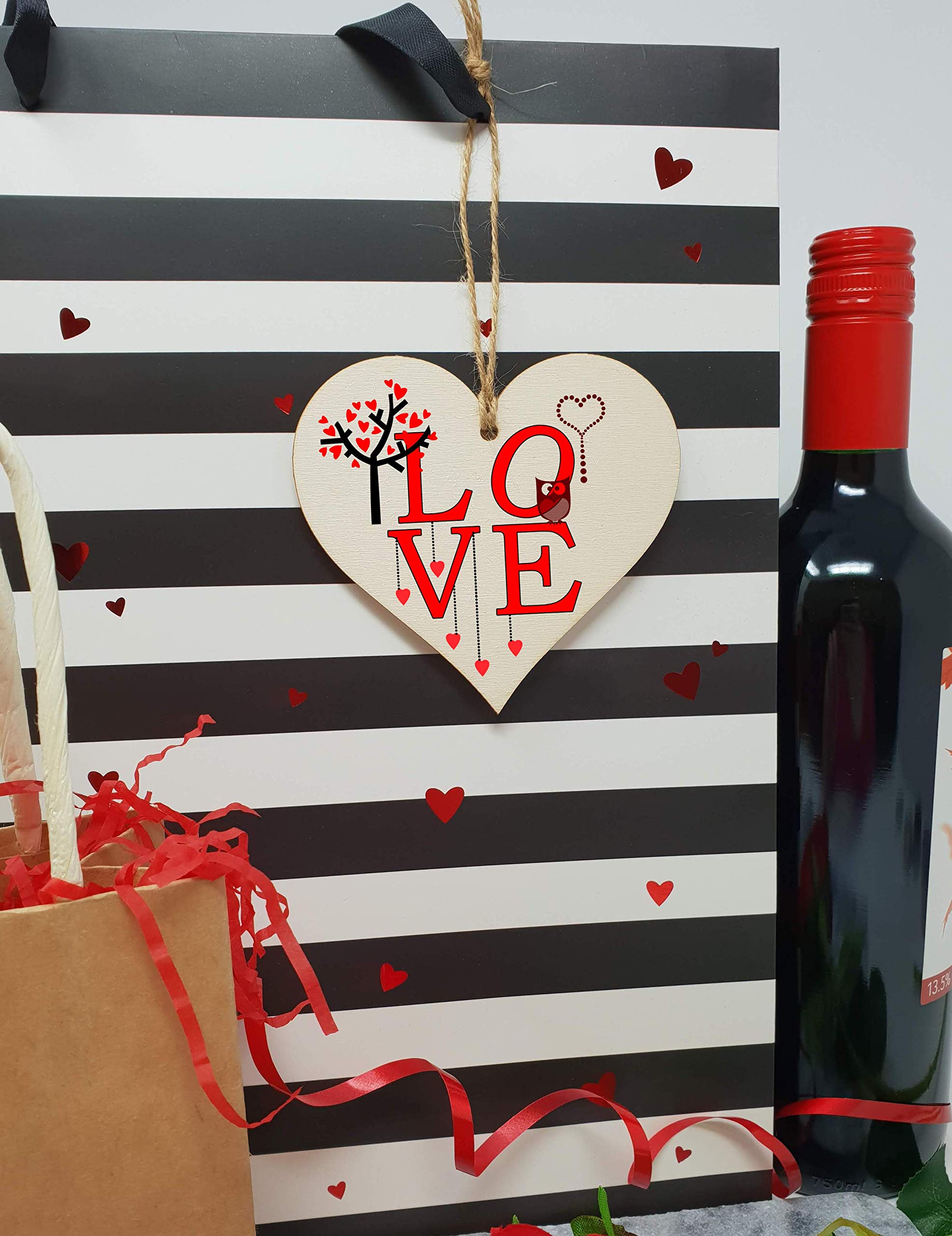 The Plum Penguin Handmade Wooden Hanging Heart Plaque Valentine's Gift L O V E simple red design cute owl gift for someone special boyfriend girlfriend husband wife funny romantic keepsake