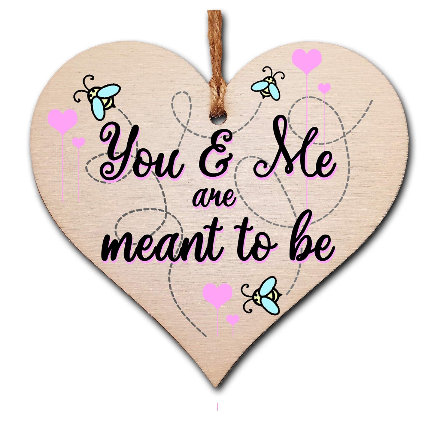 The Plum Penguin Handmade Wooden Hanging Heart Plaque Valentine's Gift You and Me are meants to be bee floral sweet for someone special boyfriend girlfriend husband wife funny romantic keepsake