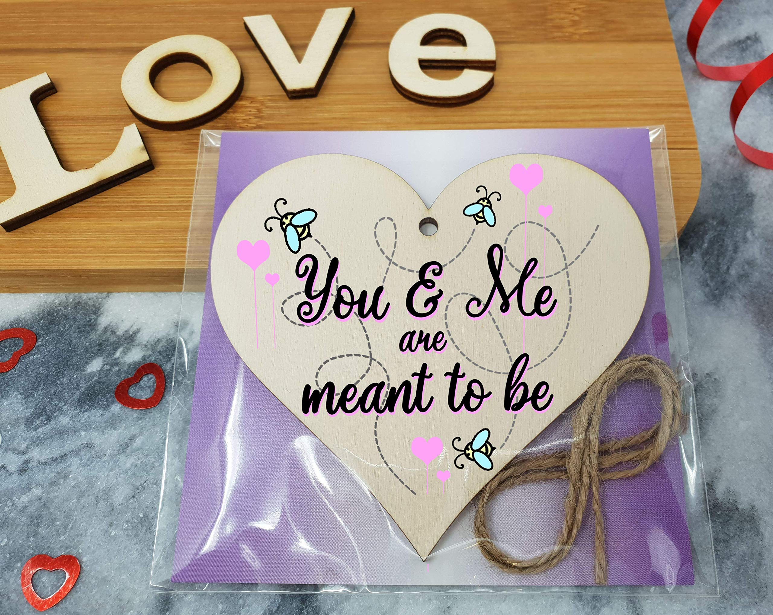 The Plum Penguin Handmade Wooden Hanging Heart Plaque Valentine's Gift You and Me are meants to be bee floral sweet for someone special boyfriend girlfriend husband wife funny romantic keepsake
