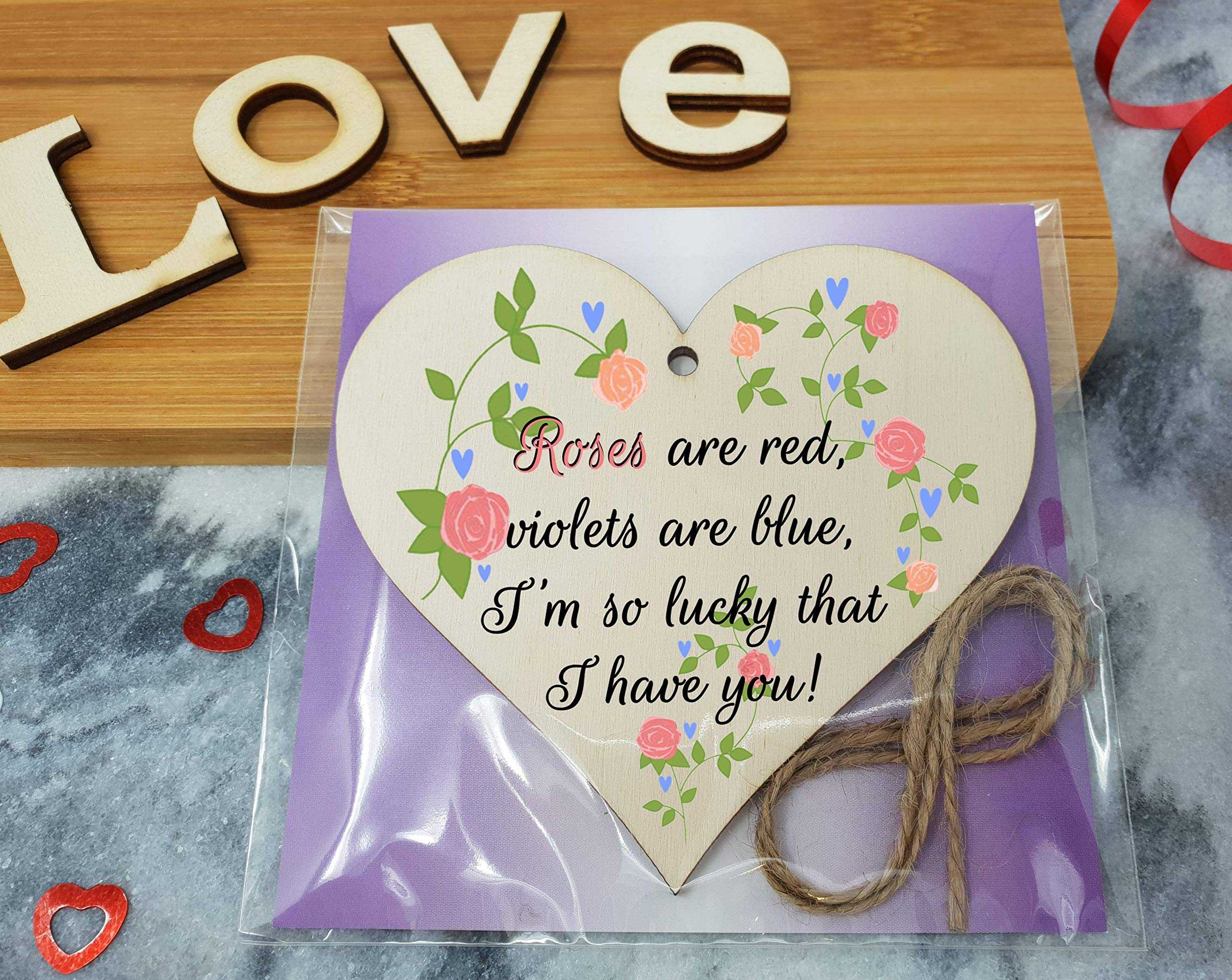 Handmade Wooden Hanging Heart Plaque Valentine's Gift Roses are red I'm lucky I have you sweet floral design gift for someone special boyfriend girlfriend husband wife cute romantic keepsake