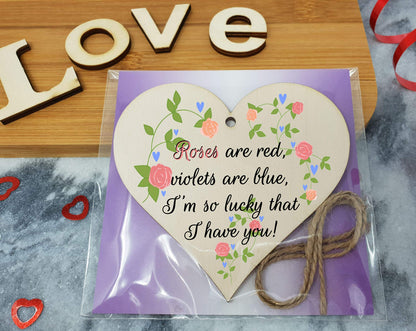 Handmade Wooden Hanging Heart Plaque Valentine's Gift Roses are red I'm lucky I have you sweet floral design gift for someone special boyfriend girlfriend husband wife cute romantic keepsake