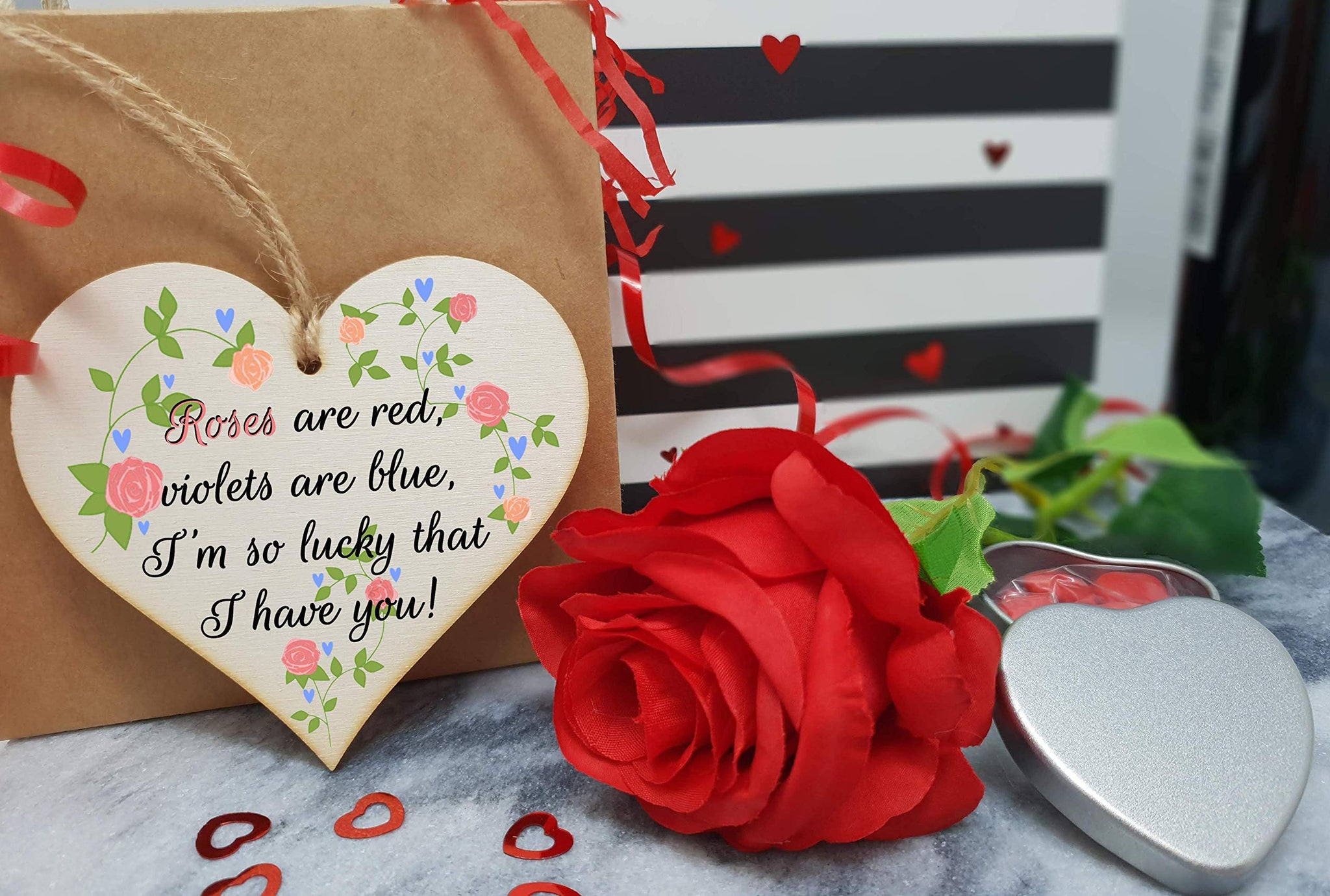 Handmade Wooden Hanging Heart Plaque Valentine's Gift Roses are red I'm lucky I have you sweet floral design gift for someone special boyfriend girlfriend husband wife cute romantic keepsake