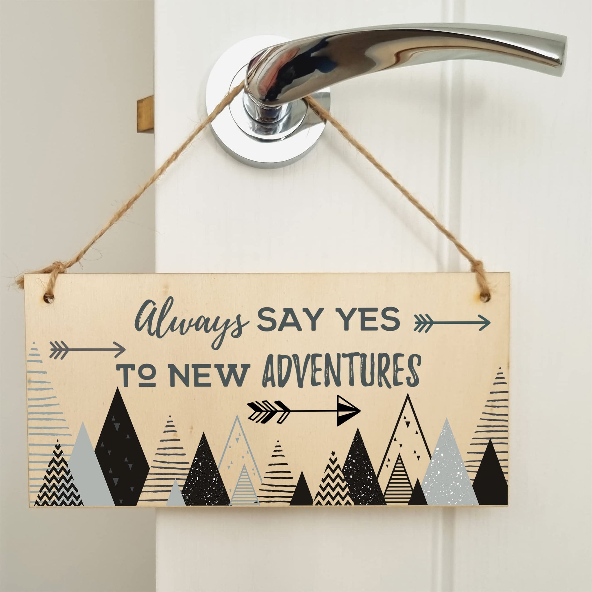 The Plum Penguin Handmade Wooden Hanging Wall Plaque Always Say Yes to New Adventures Motivational Inspirational Decorative Sign Minimalist Design