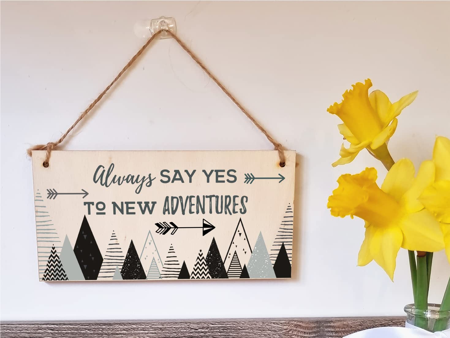 The Plum Penguin Handmade Wooden Hanging Wall Plaque Always Say Yes to New Adventures Motivational Inspirational Decorative Sign Minimalist Design