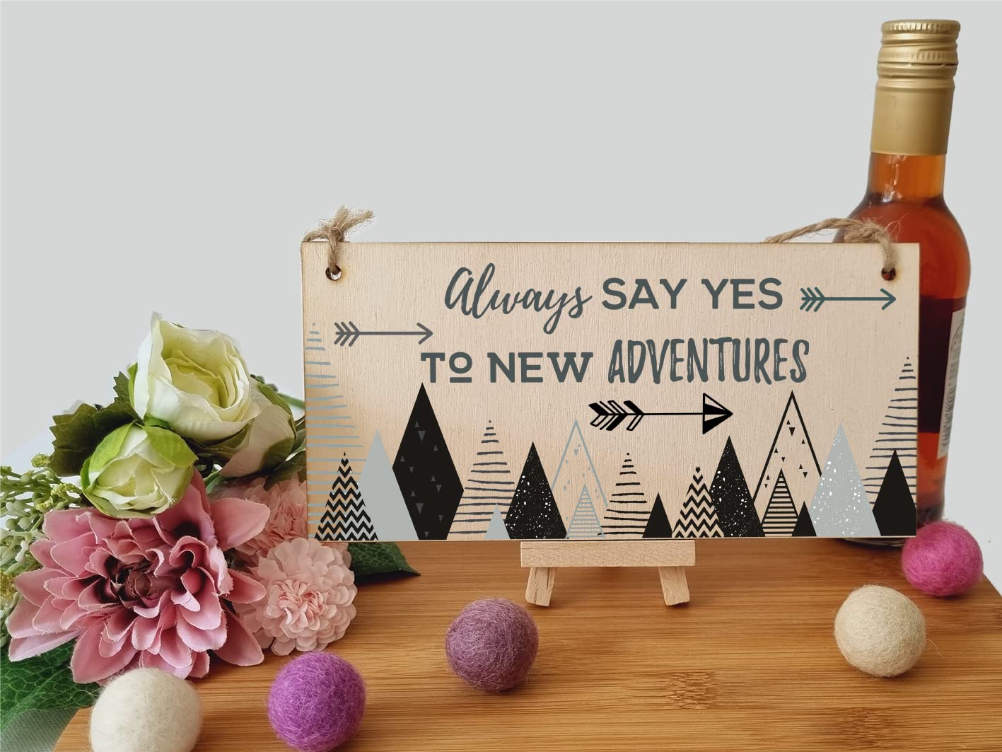 The Plum Penguin Handmade Wooden Hanging Wall Plaque Always Say Yes to New Adventures Motivational Inspirational Decorative Sign Minimalist Design