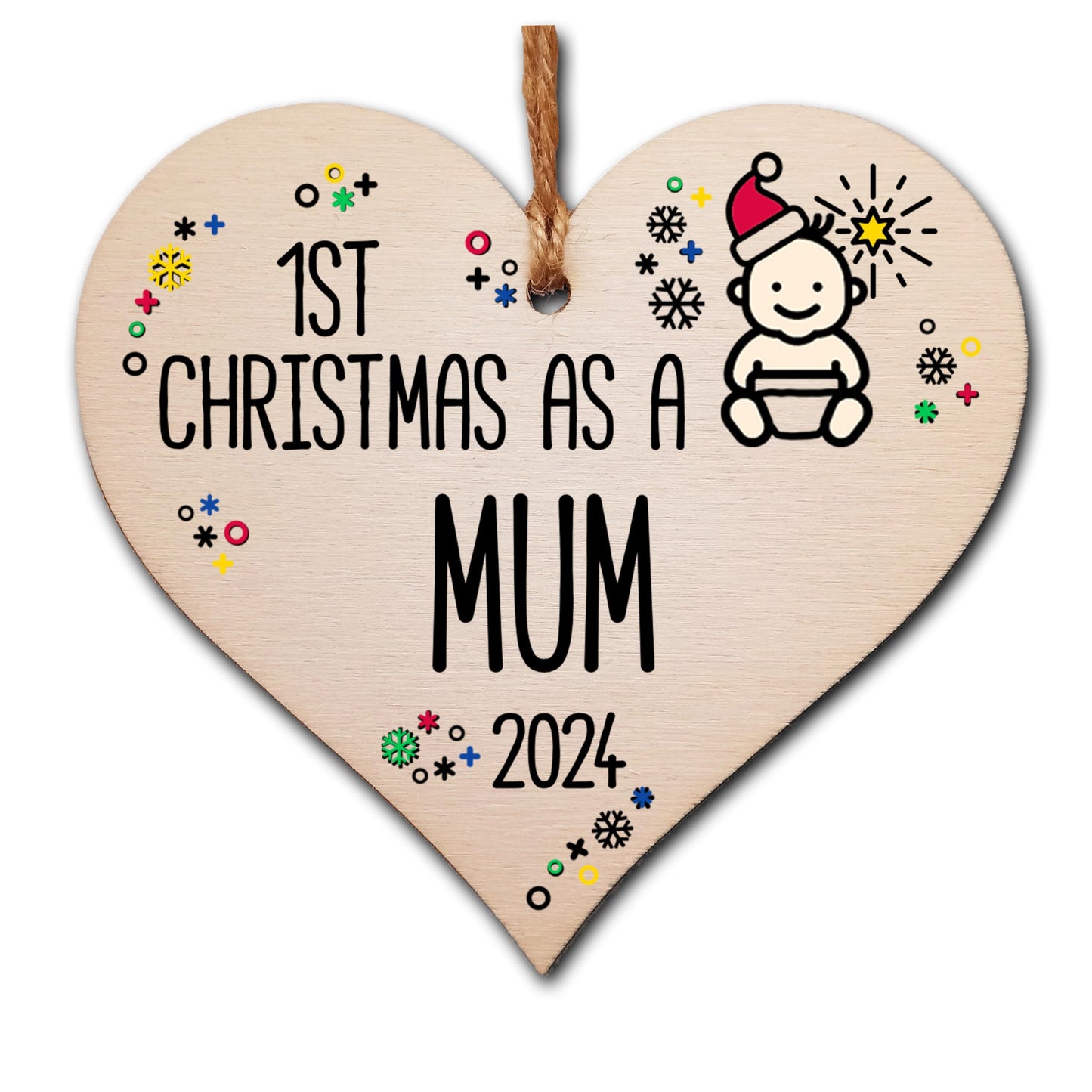 Handmade Wooden Christmas Hanging Heart Plaque Gift 1st Xmas 2024 as a Mum new baby family celebration tree decoration present for family
