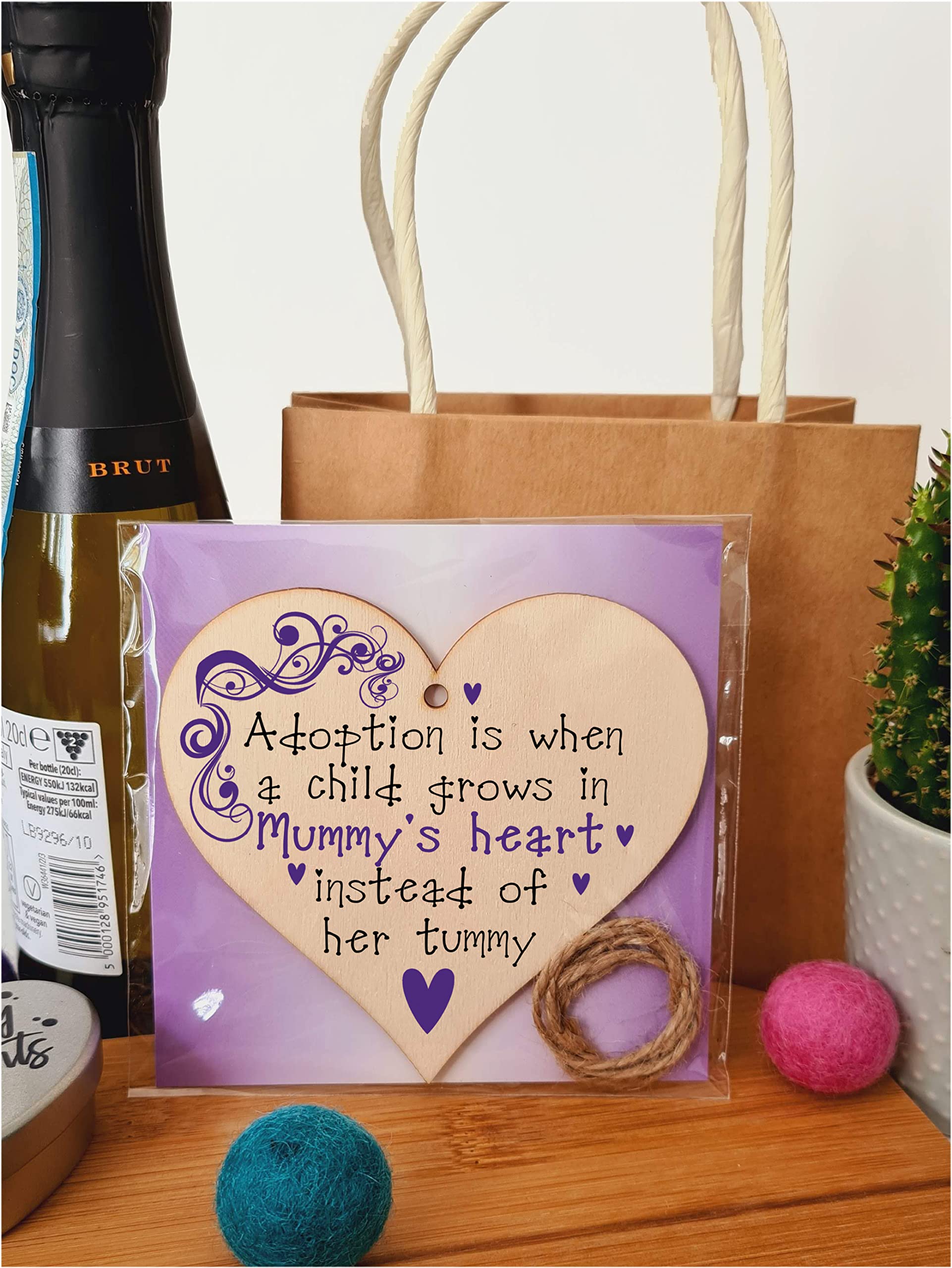 Handmade Wooden Hanging Heart Plaque Gift to Celebrate Adoption