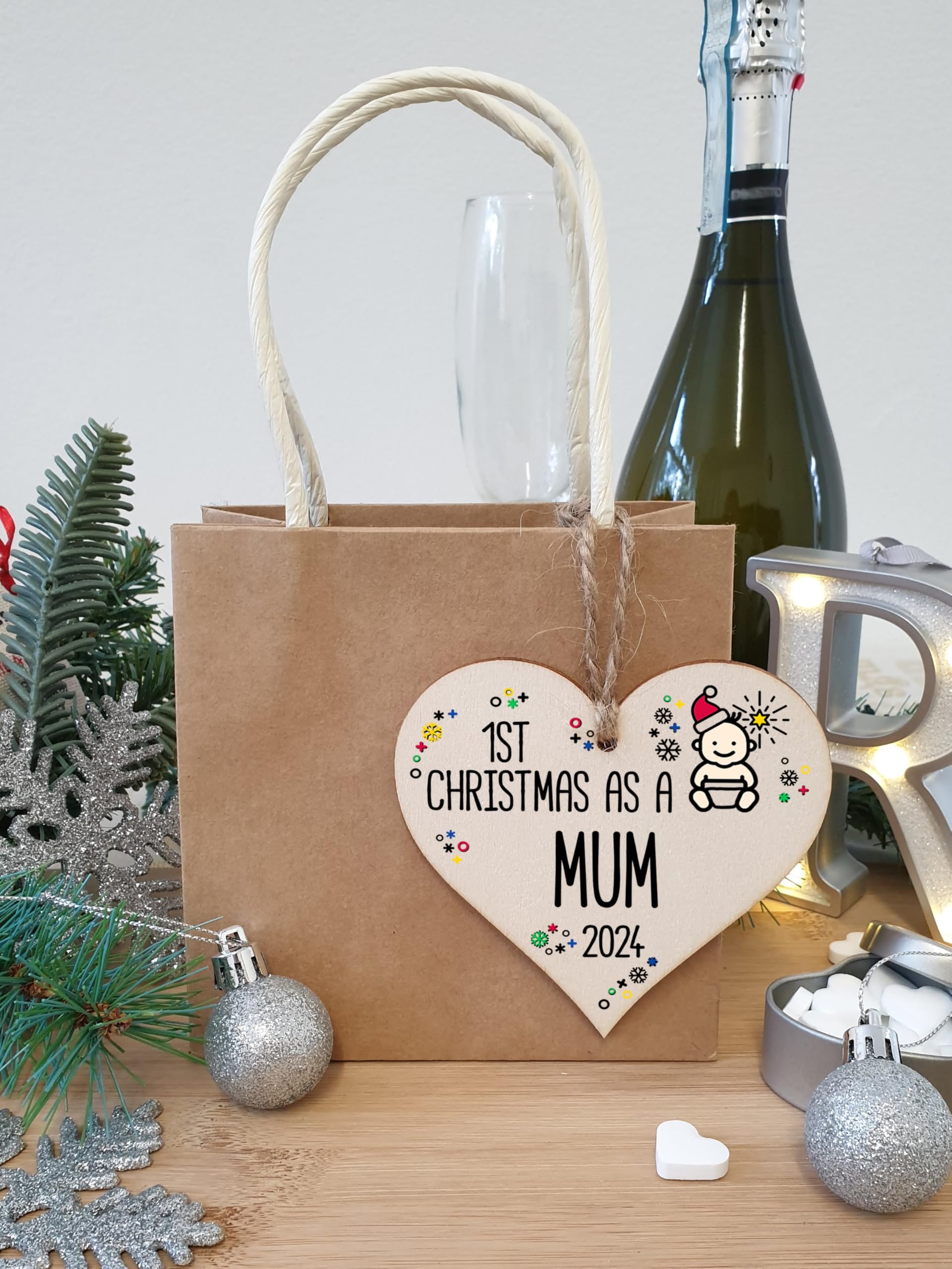 Handmade Wooden Christmas Hanging Heart Plaque Gift 1st Xmas 2024 as a Mum new baby family celebration tree decoration present for family