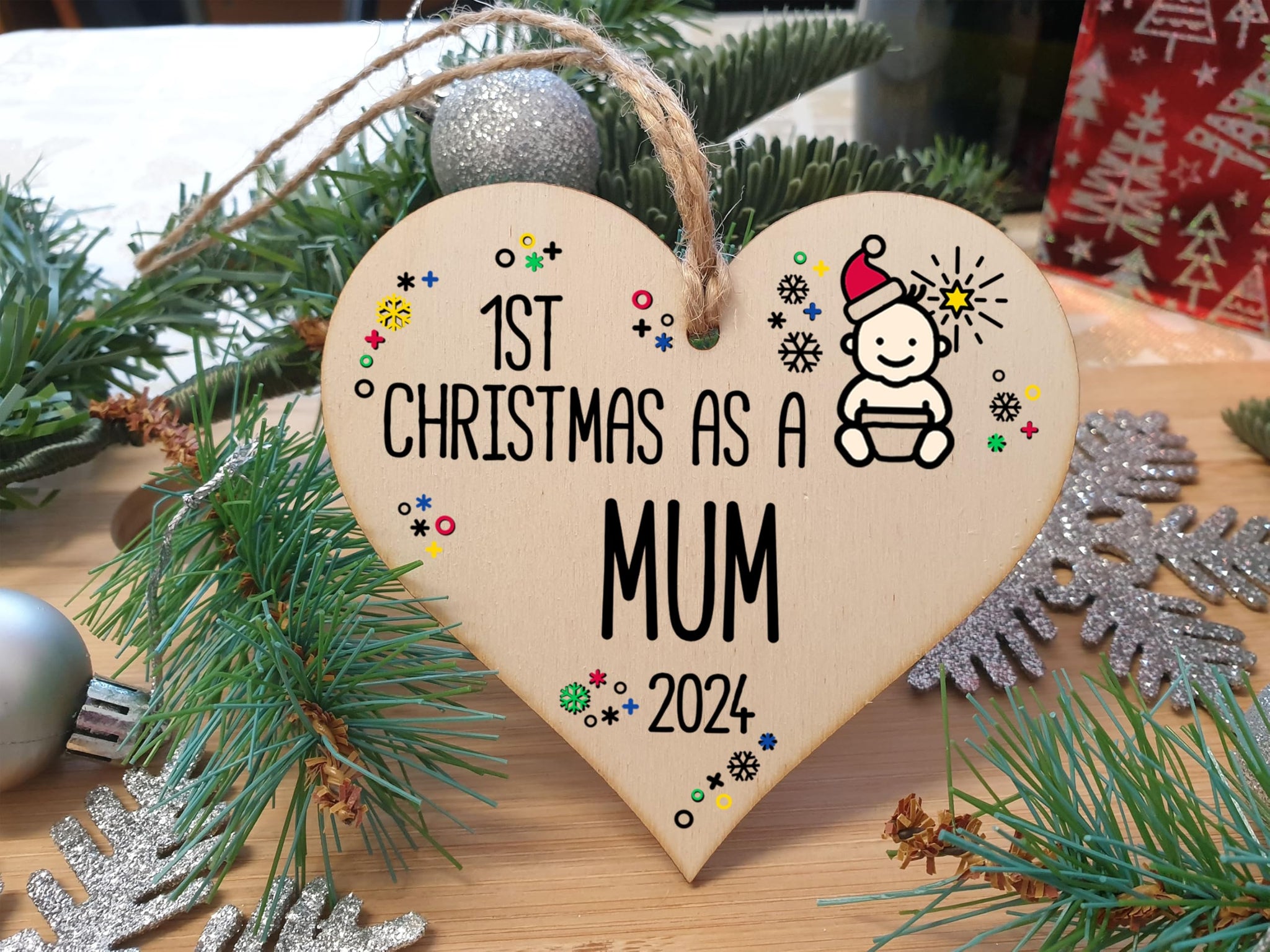 Handmade Wooden Christmas Hanging Heart Plaque Gift 1st Xmas 2024 as a Mum new baby family celebration tree decoration present for family