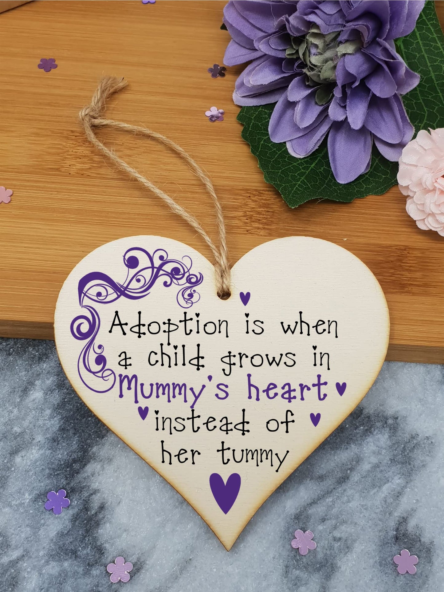 Handmade Wooden Hanging Heart Plaque Gift to Celebrate Adoption