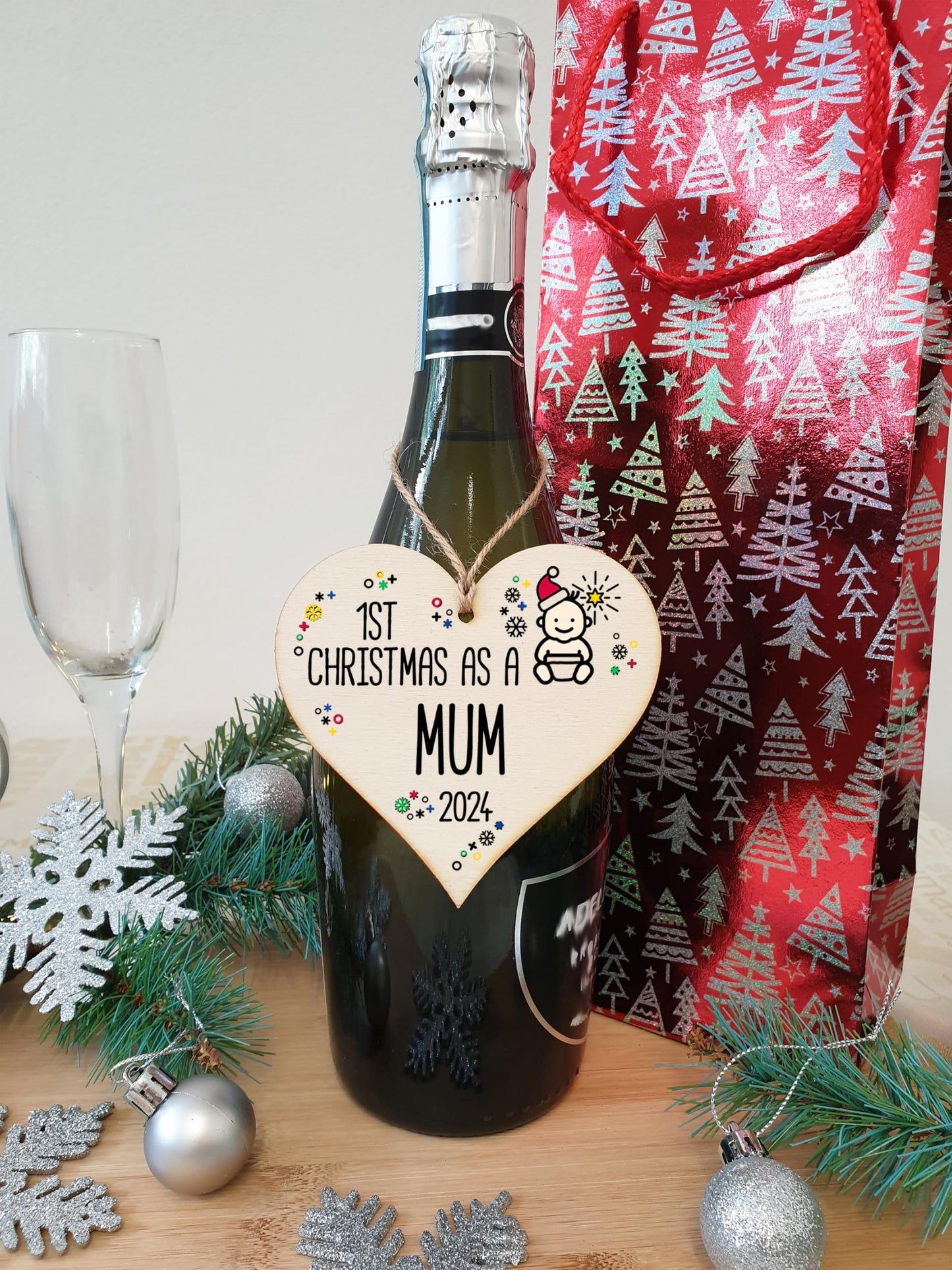 Handmade Wooden Christmas Hanging Heart Plaque Gift 1st Xmas 2024 as a Mum new baby family celebration tree decoration present for family