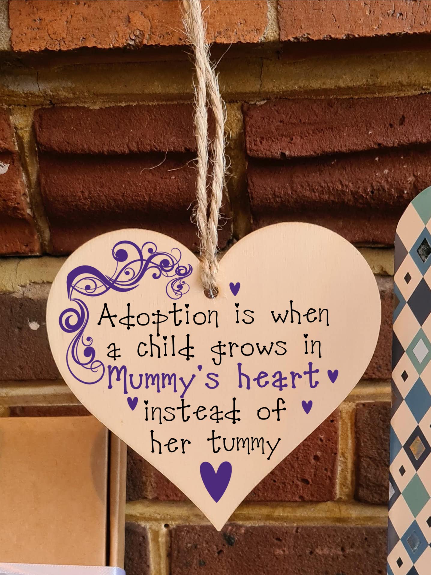 Handmade Wooden Hanging Heart Plaque Gift to Celebrate Adoption