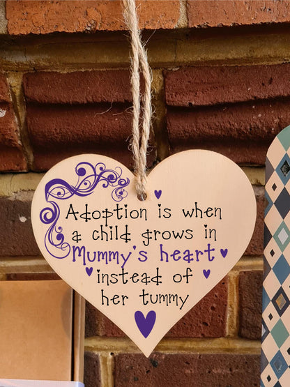 Handmade Wooden Hanging Heart Plaque Gift to Celebrate Adoption