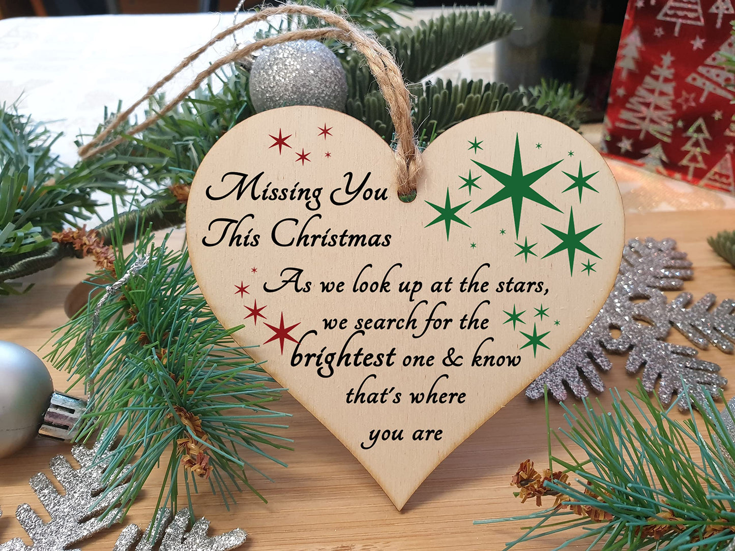 Handmade Wooden Hanging Heart Plaque Gift to Remember Lost Loved Ones at Christmas
