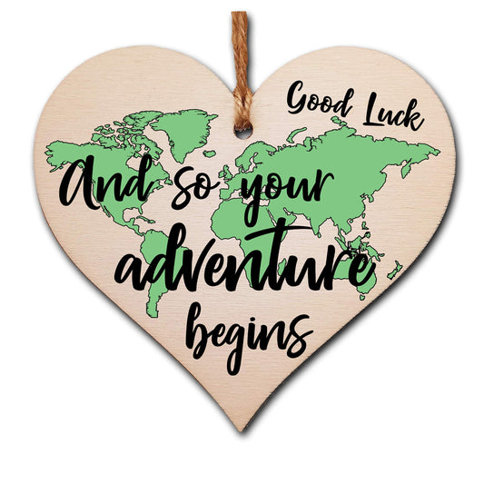 The Plum Penguin Handmade Wooden Hanging Heart Plaque Gift Adventure Begins Inspirational Motivational World Explorer Wilderness Design