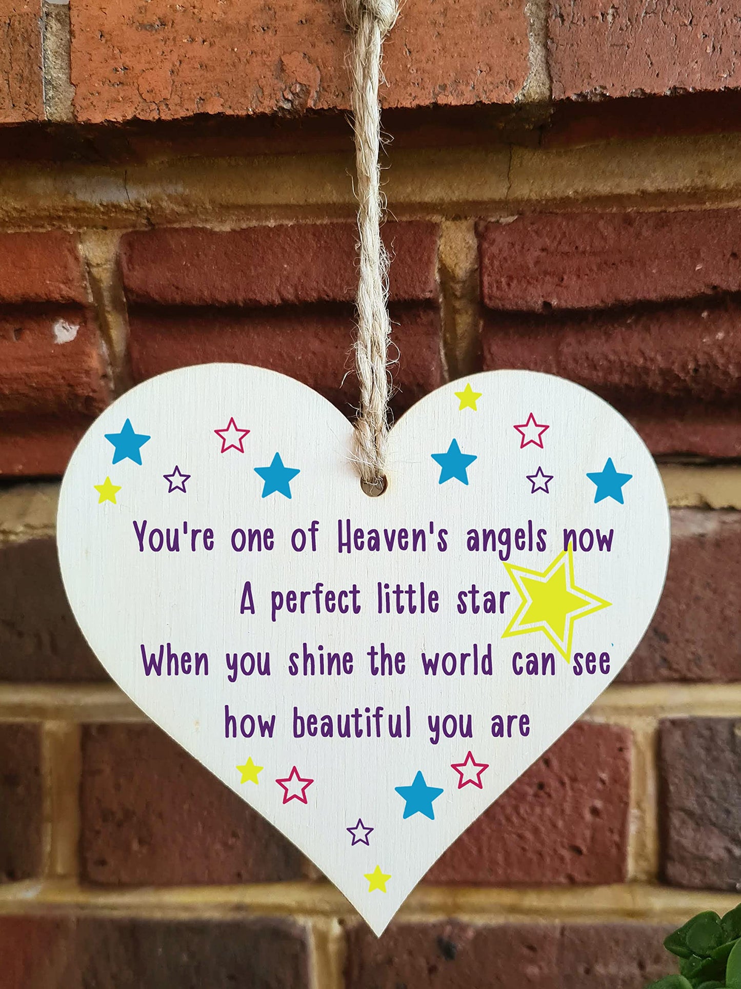 The Plum Penguin Handmade Wooden Hanging Heart Plaque Gift Heaven Angel Beautiful Star Missing You Bereavement In Memory Keepsake Wall Hanger