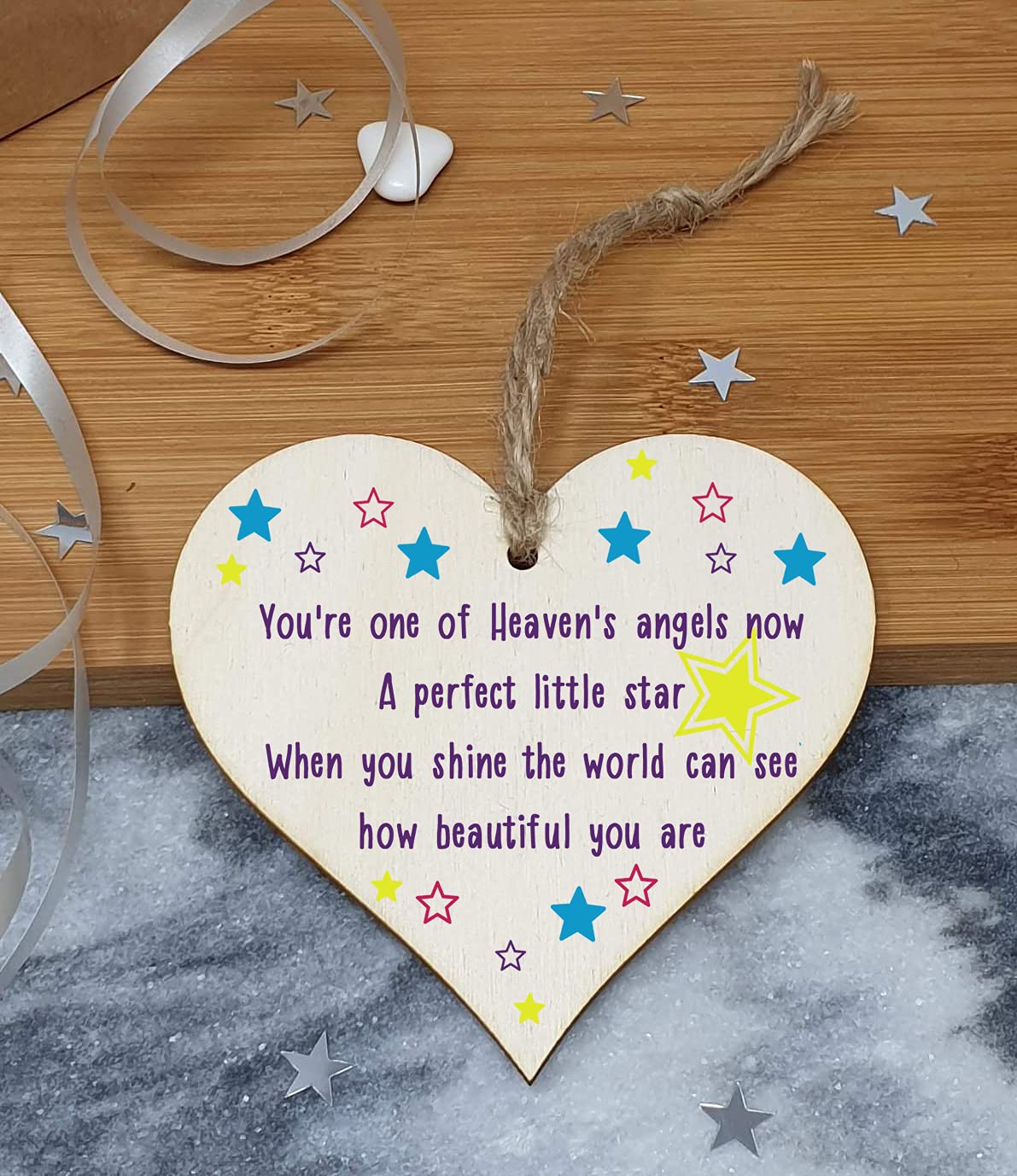 The Plum Penguin Handmade Wooden Hanging Heart Plaque Gift Heaven Angel Beautiful Star Missing You Bereavement In Memory Keepsake Wall Hanger
