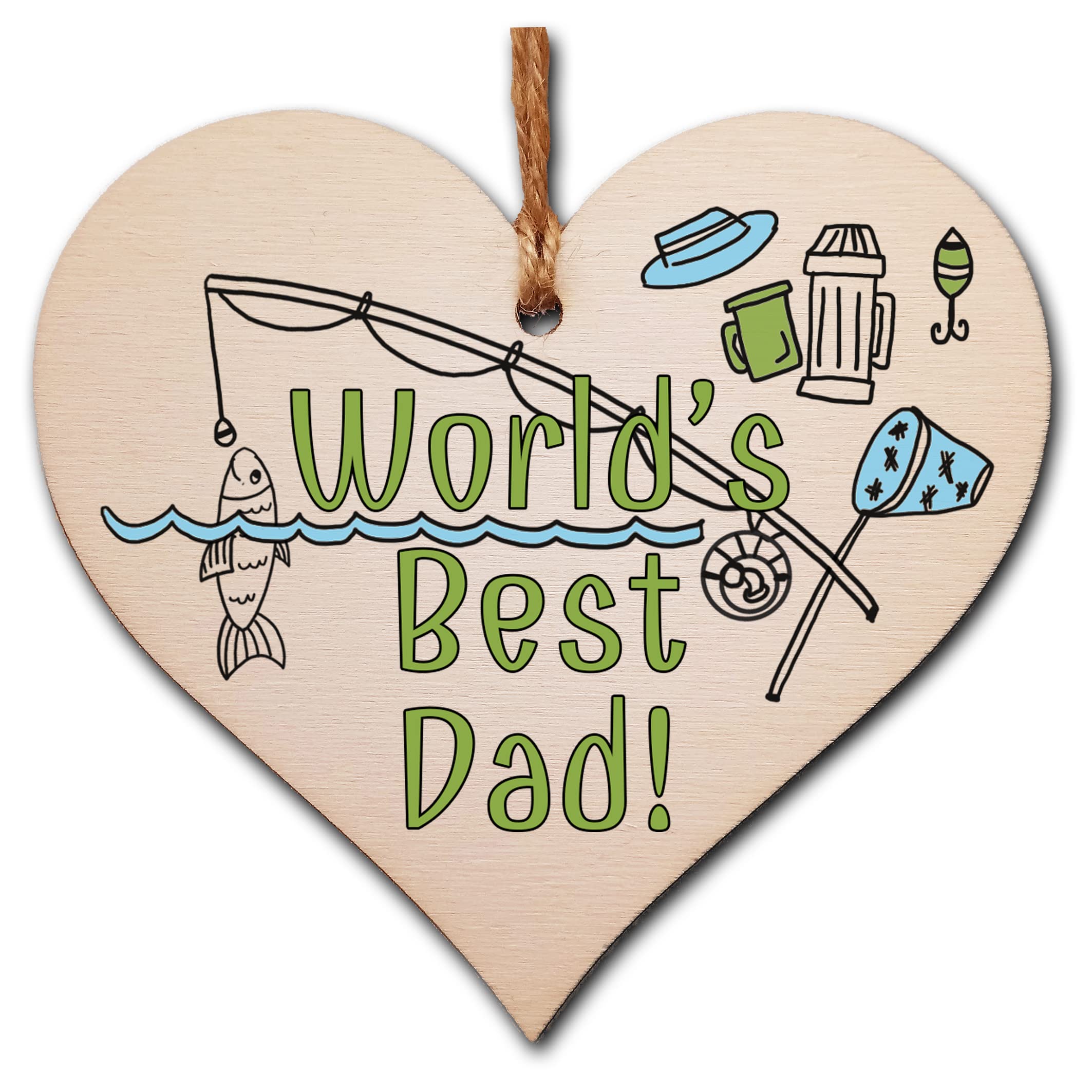 Handmade Wooden Hanging Heart Plaque Gift for Dad this Fathers Day Novelty Fun Thoughtful Keepsake for Fishing Fan
