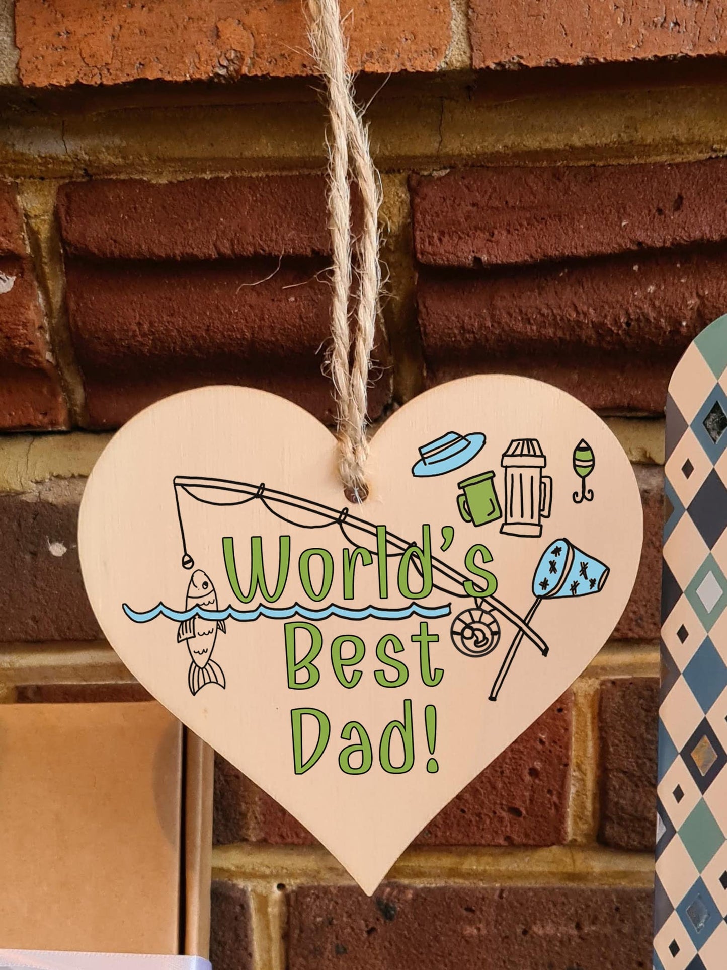 Handmade Wooden Hanging Heart Plaque Gift for Dad this Fathers Day Novelty Fun Thoughtful Keepsake for Fishing Fan