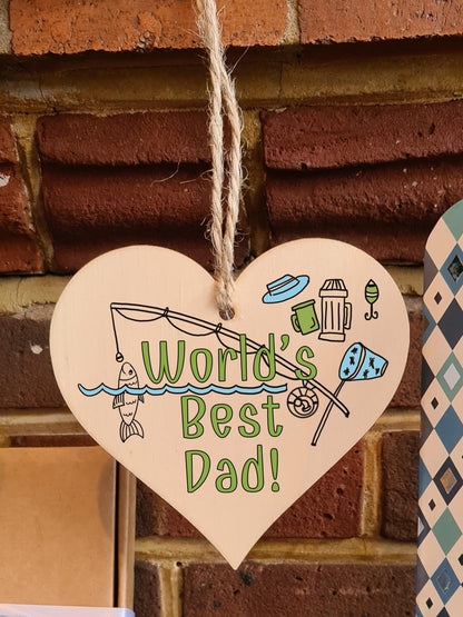 Handmade Wooden Hanging Heart Plaque Gift for Dad this Fathers Day Novelty Fun Thoughtful Keepsake for Fishing Fan