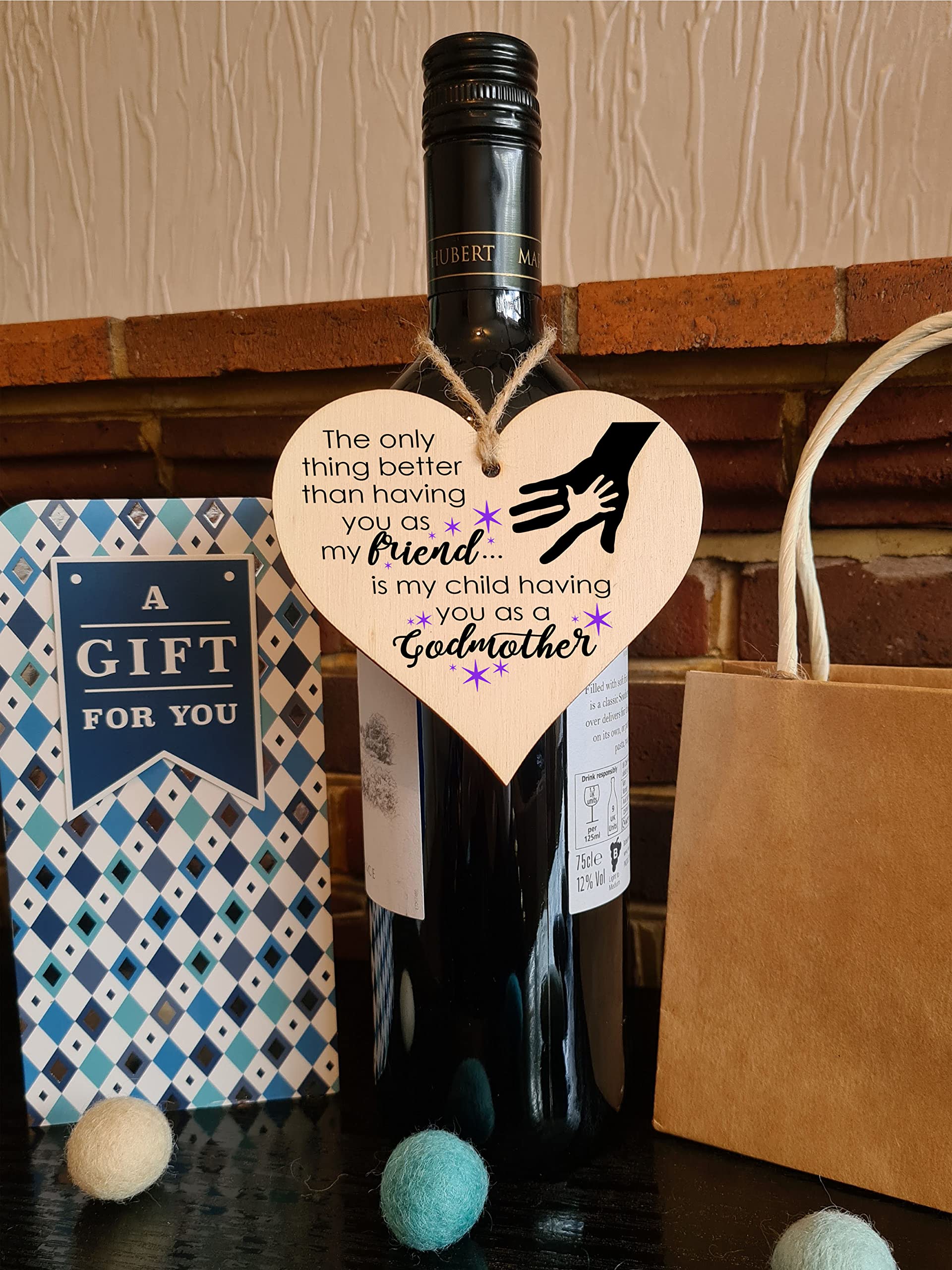 Handmade Wooden Hanging Heart Plaque Gift for Friend Godmother Loving Thoughtful Thank You Keepsake