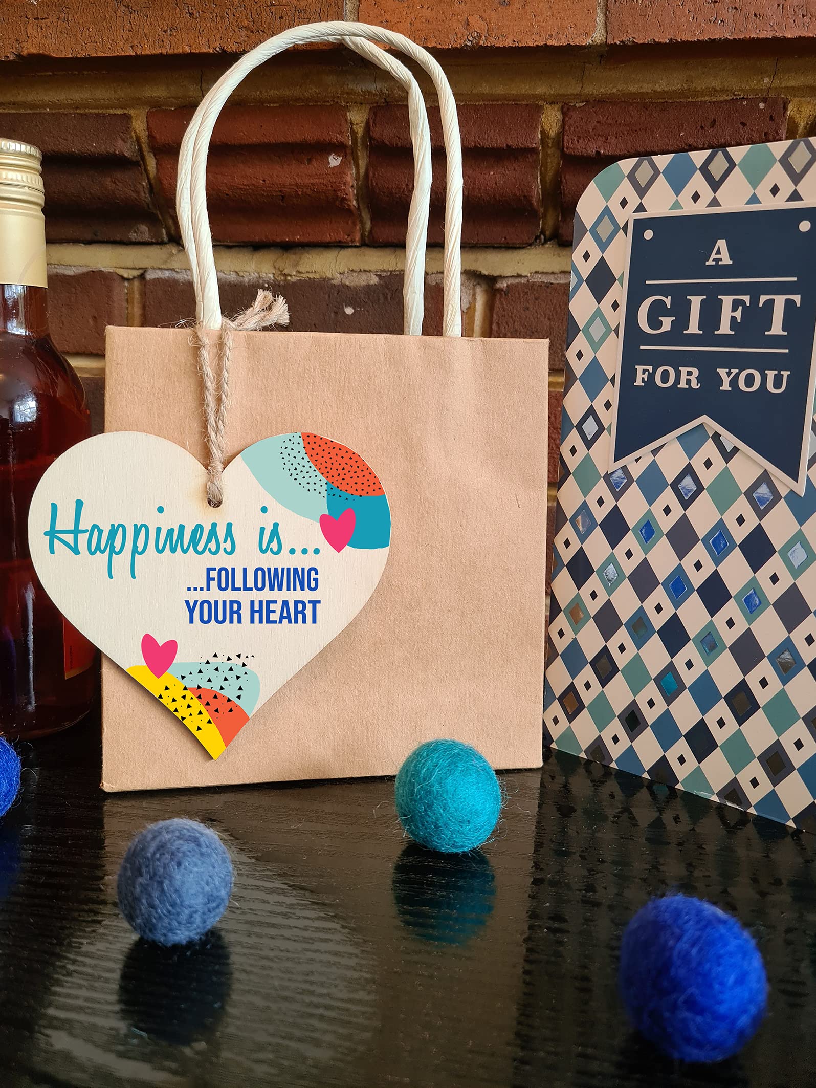 The Plum Penguin Handmade Wooden Hanging Heart Plaque Gift Happiness is Following Your Heart Inspirational Wall Hanger Card Alternative Friendship Family