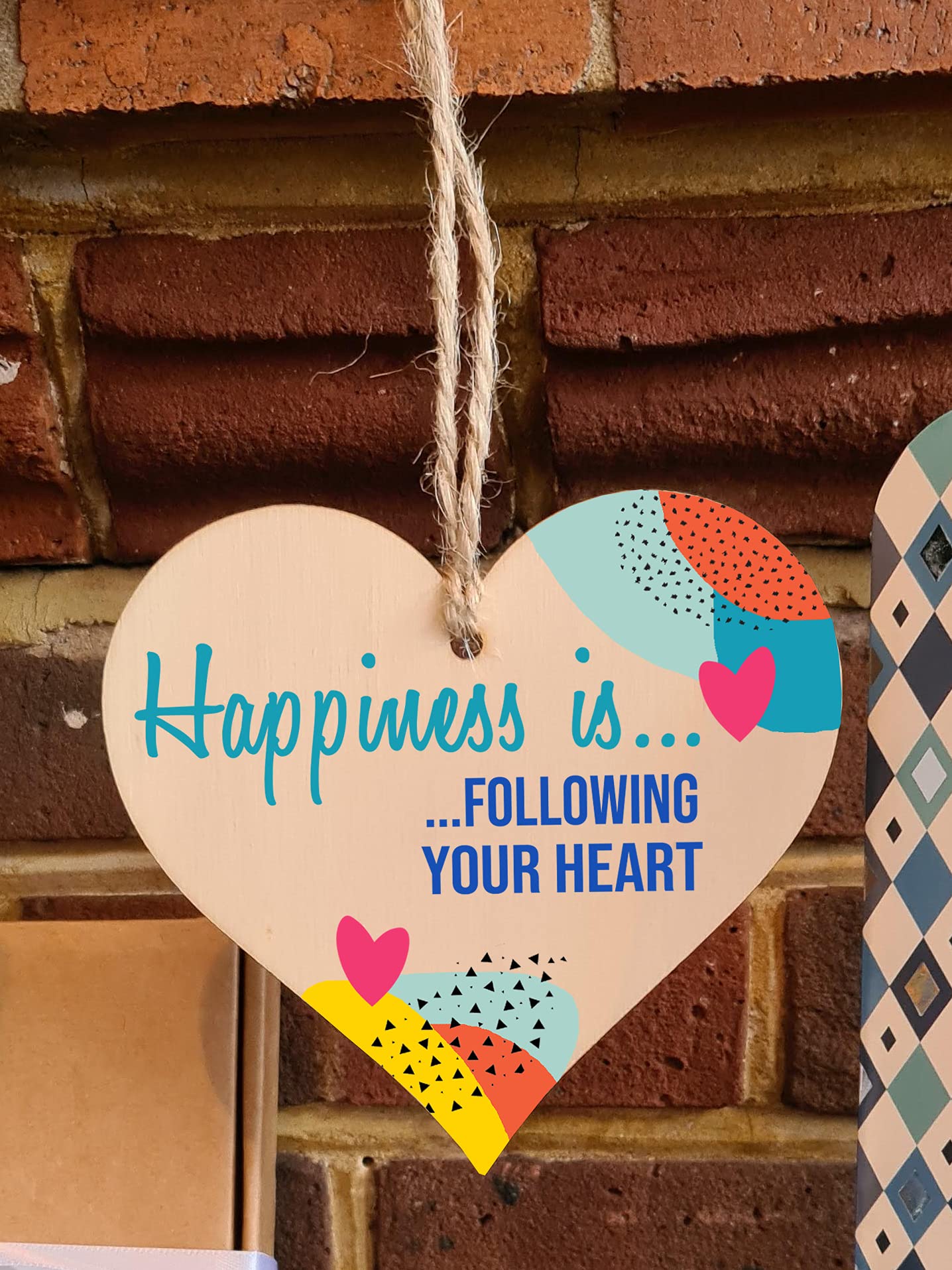 The Plum Penguin Handmade Wooden Hanging Heart Plaque Gift Happiness is Following Your Heart Inspirational Wall Hanger Card Alternative Friendship Family