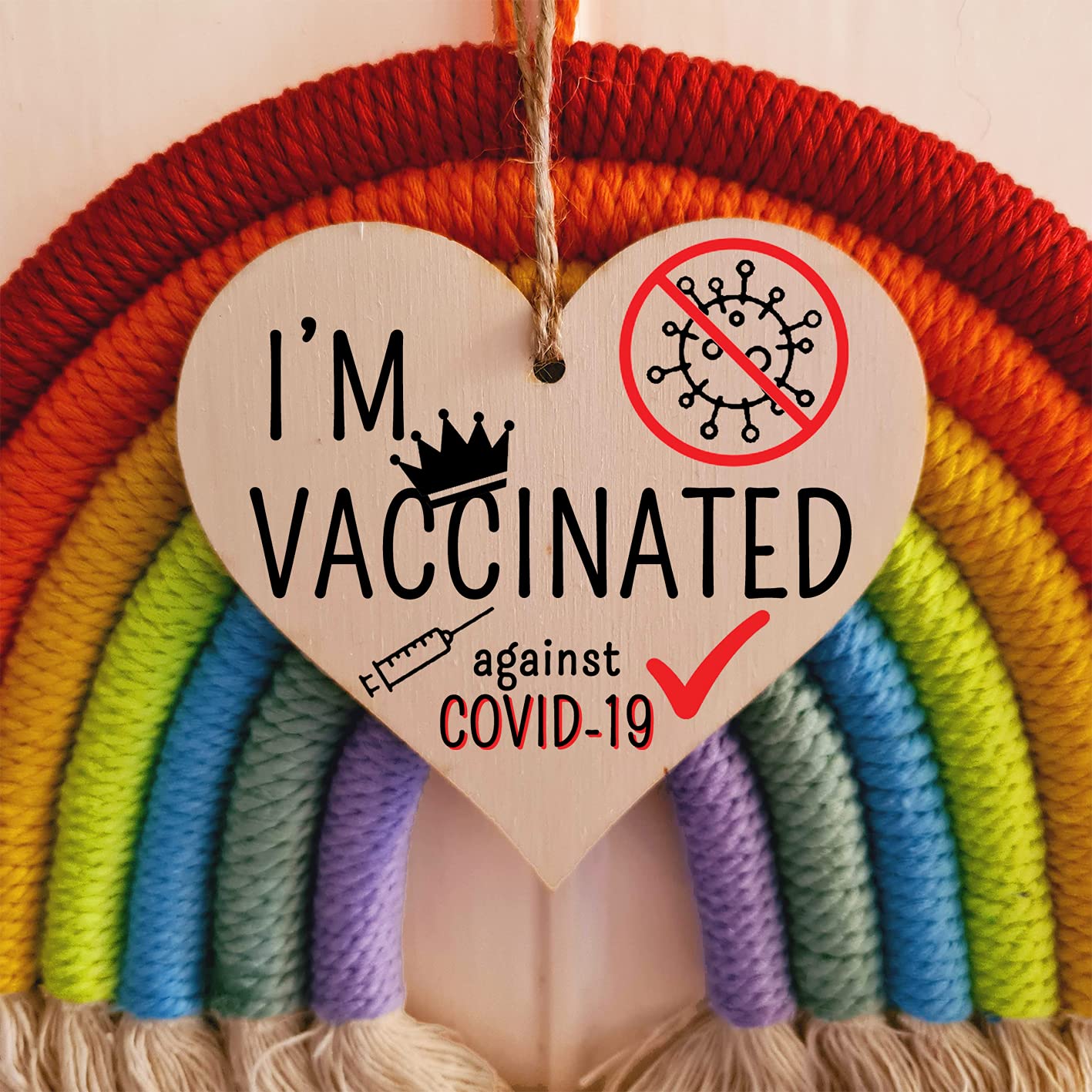 The Plum Penguin Handmade Wooden Hanging Heart Plaque Gift I'm vaccinated against COVID-19 Vaccine Celebration Gift Car Mirror Hanger Badge Alternative