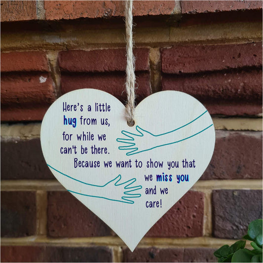 The Plum Penguin Handmade Wooden Hanging Heart Plaque Gift a little hug from us to show you we care miss you long distance wall hanger cute rainbow design for family friends grandparents