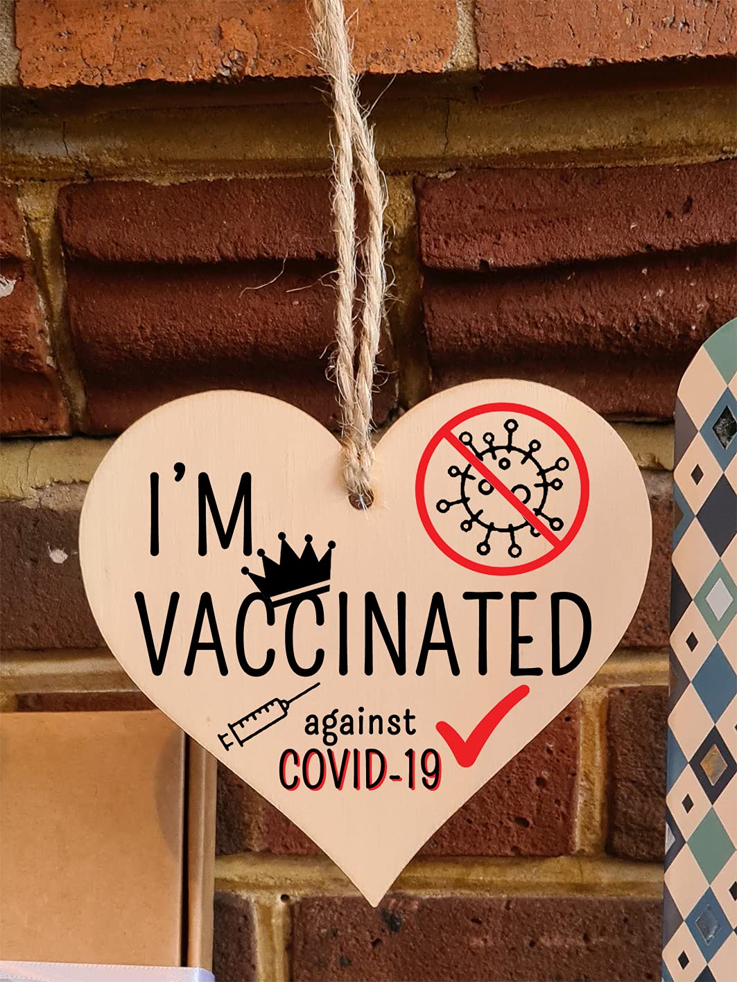The Plum Penguin Handmade Wooden Hanging Heart Plaque Gift I'm vaccinated against COVID-19 Vaccine Celebration Gift Car Mirror Hanger Badge Alternative