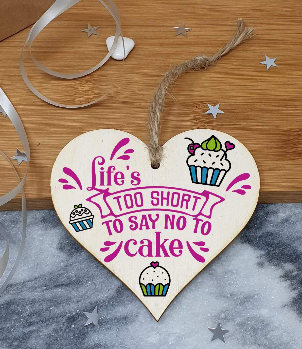 The Plum Penguin Handmade Wooden Hanging Heart Plaque Gift Life is too short to say no to cake novelty wall window kitchen hanger funny gift for cake lovers cupake design