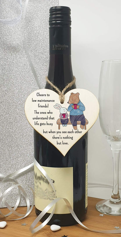 The Plum Penguin Handmade Wooden Hanging Heart Plaque Gift Cheers to low maintenance friends long distance friendship miss you cute wall hanger hand drawn design