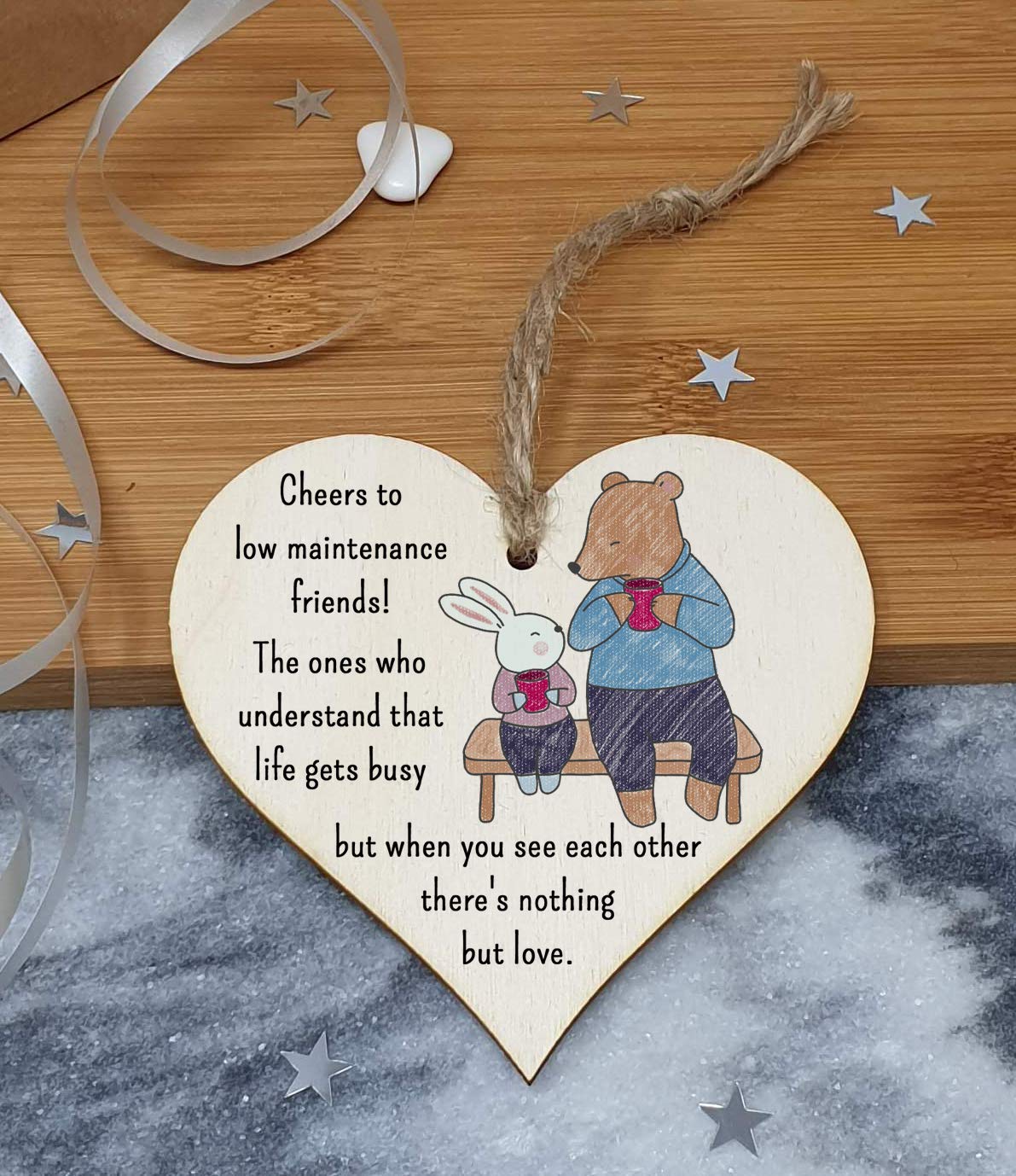 The Plum Penguin Handmade Wooden Hanging Heart Plaque Gift Cheers to low maintenance friends long distance friendship miss you cute wall hanger hand drawn design