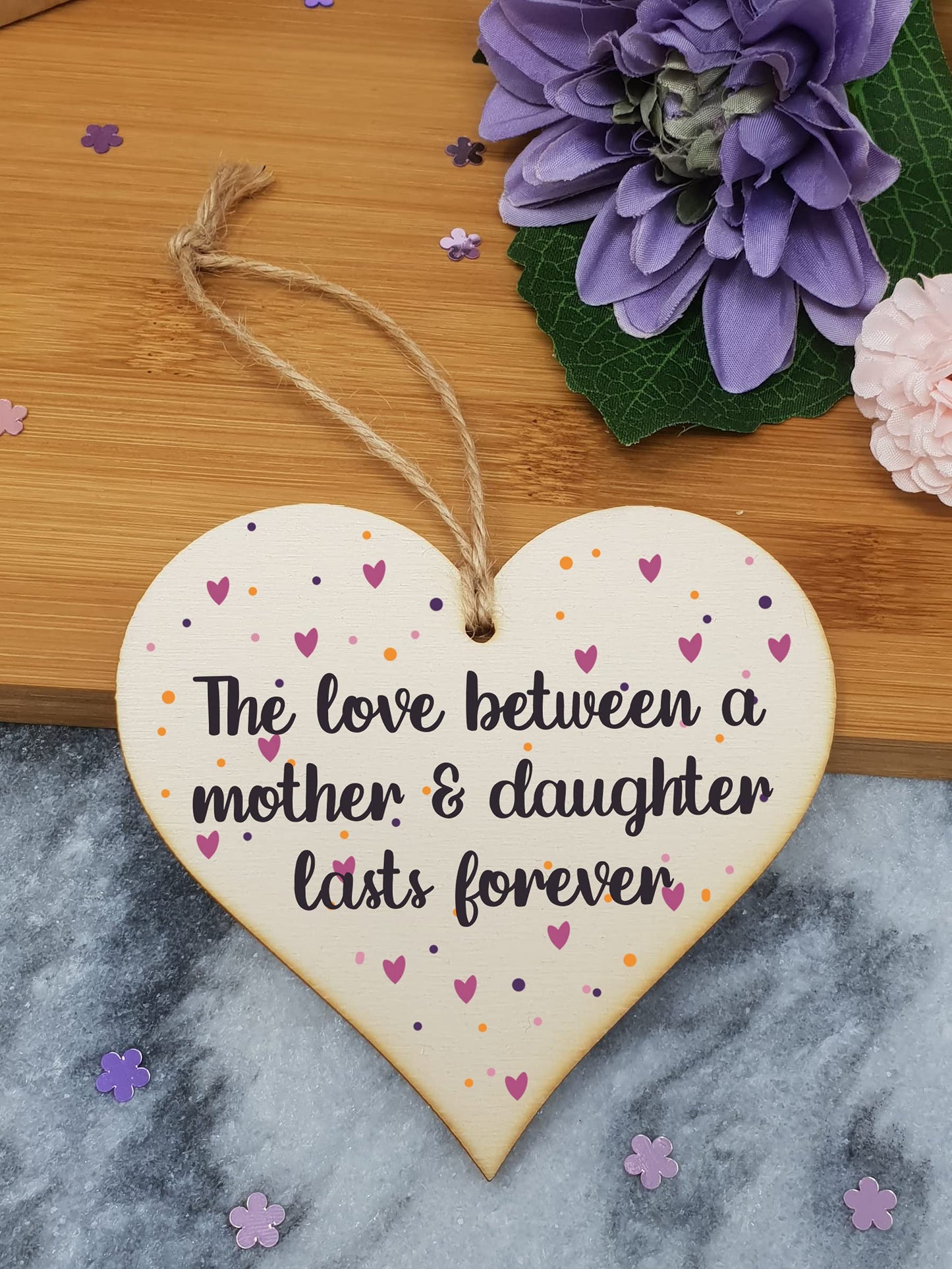 The Plum Penguin Handmade Wooden Hanging Heart Plaque Gift Love Between Mother Daughter Forever Present Friendship Thoughtful Wall Hanger